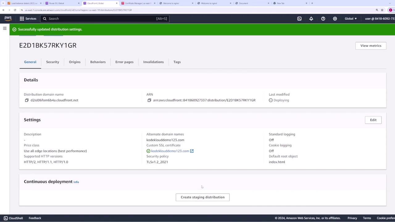 The image shows an AWS CloudFront distribution settings page, displaying details such as the distribution domain name, ARN, and settings related to SSL certificates and logging.