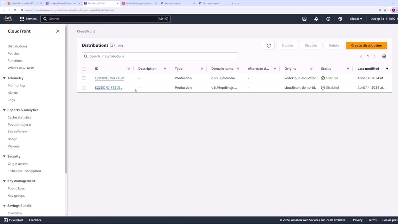 The image shows an AWS CloudFront console with a list of distributions, including their IDs, types, domain names, statuses, and last modified dates.