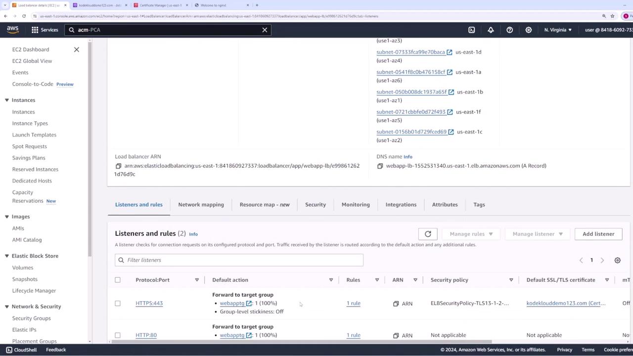 The image shows an AWS EC2 dashboard with details of a load balancer, including listeners and rules for HTTP and HTTPS protocols. It displays subnet information and configuration options for managing listeners and rules.