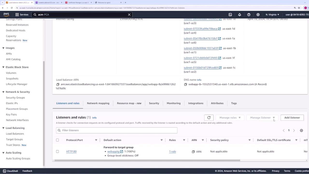 The image shows an AWS management console interface, specifically the Load Balancer section, displaying details about listeners and rules for a web application. It includes information about protocol, port, and target group settings.