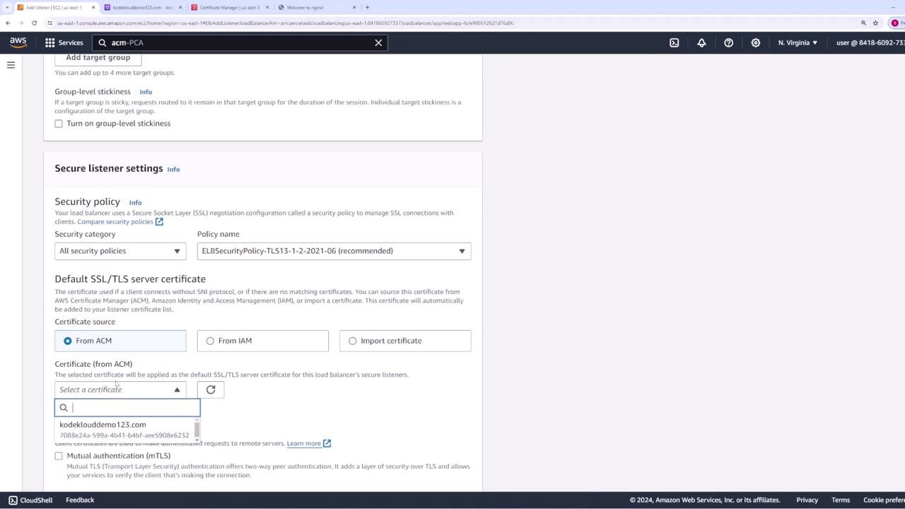 The image shows a screenshot of the AWS management console, specifically the "Secure listener settings" section for configuring SSL/TLS server certificates and security policies for a load balancer.