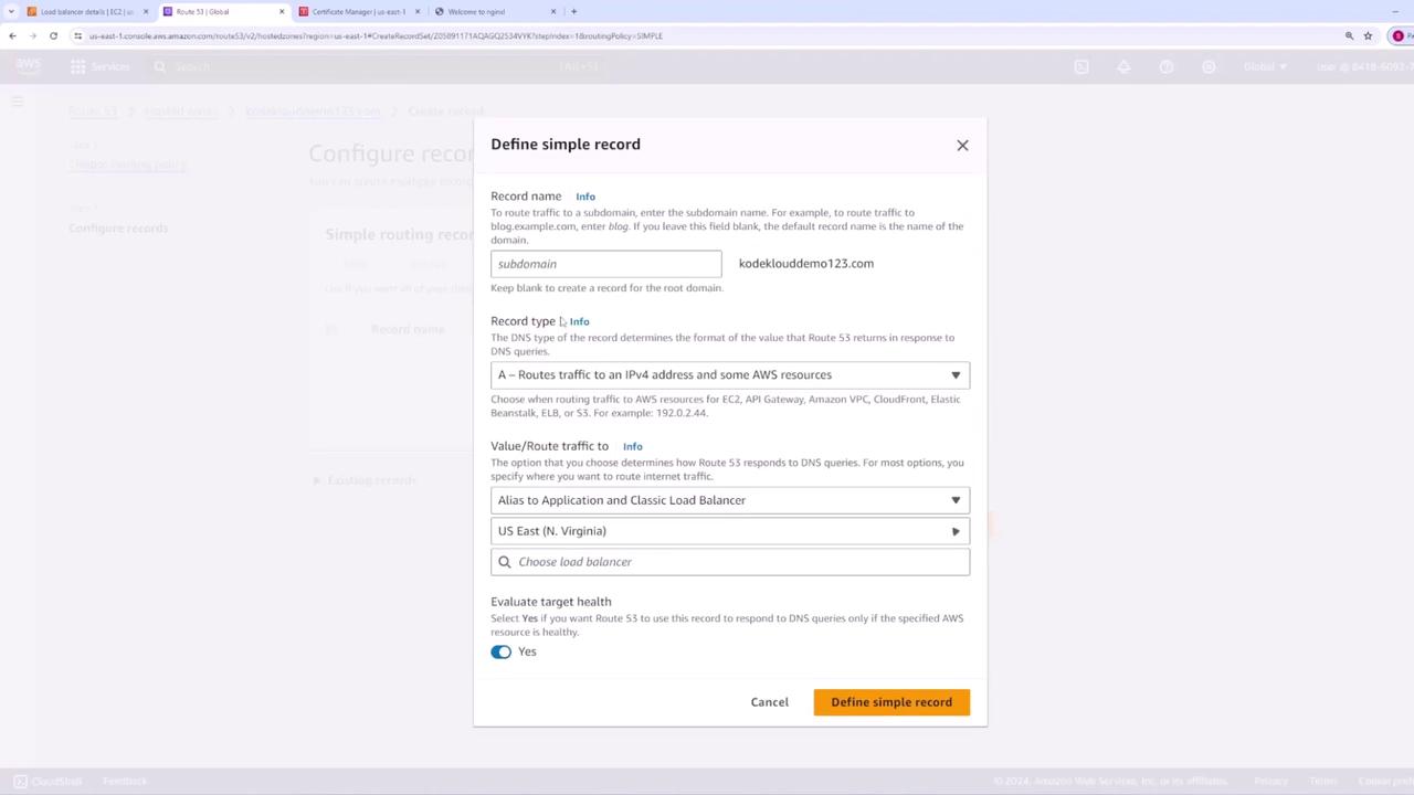 The image shows a configuration window for defining a simple DNS record in AWS Route 53, with options for record name, record type, and routing traffic settings.