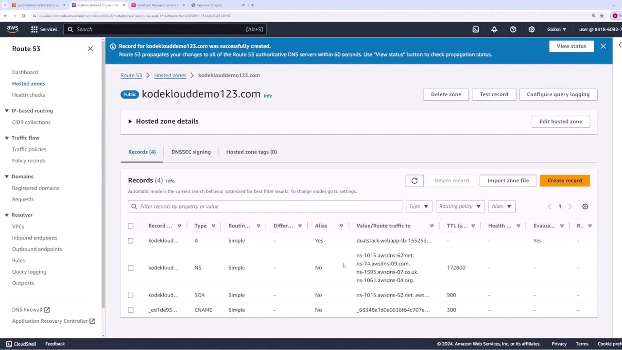 The image shows an AWS Route 53 dashboard displaying DNS records for the domain "kodeklouddemo123.com," including A, NS, SOA, and CNAME records.