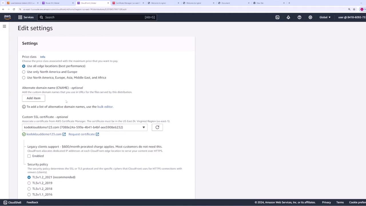 The image shows an AWS settings page for editing configurations, including options for price class, alternate domain names, and custom SSL certificates.