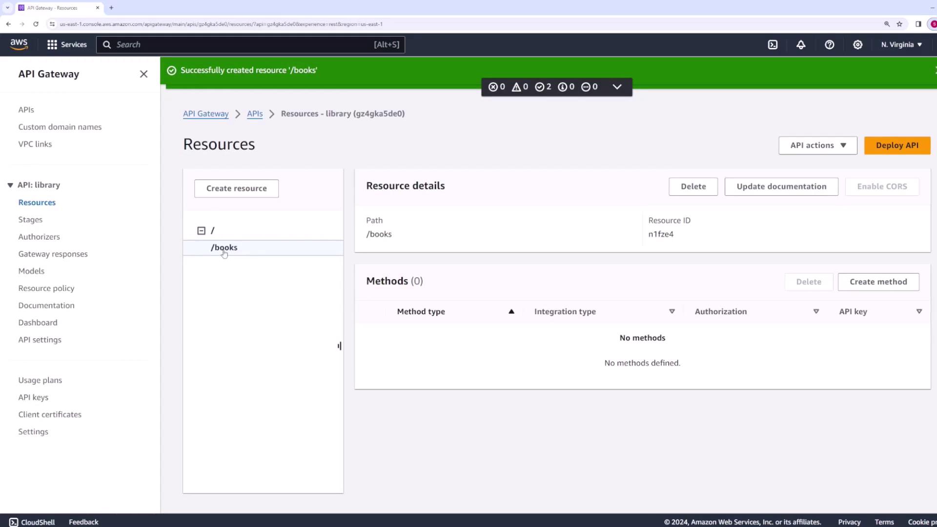 The image shows the AWS API Gateway interface with a resource named "/books" created, but no methods are defined yet.