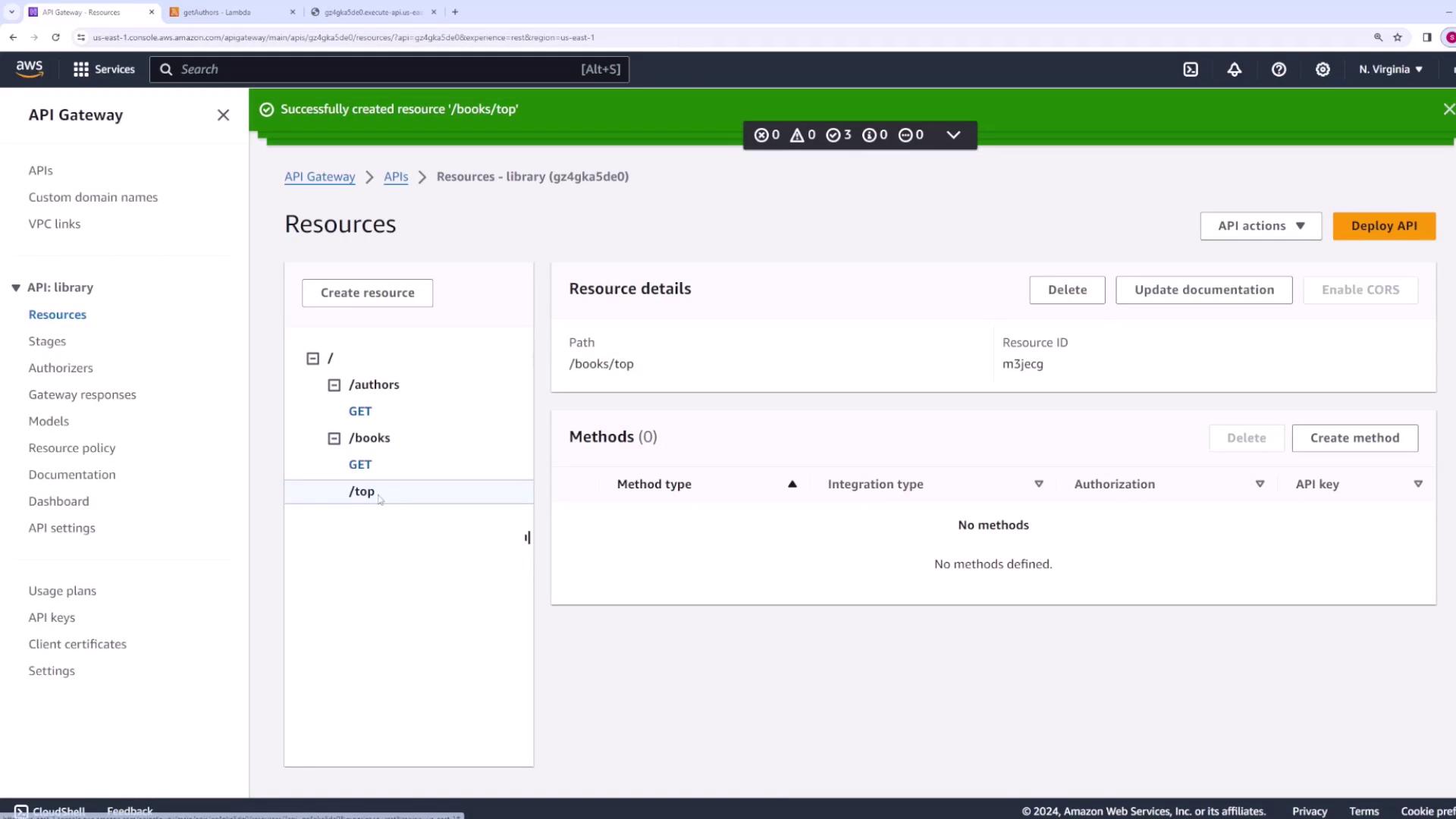 The image shows the AWS API Gateway console with a resource path "/books/top" successfully created, but no methods defined yet.