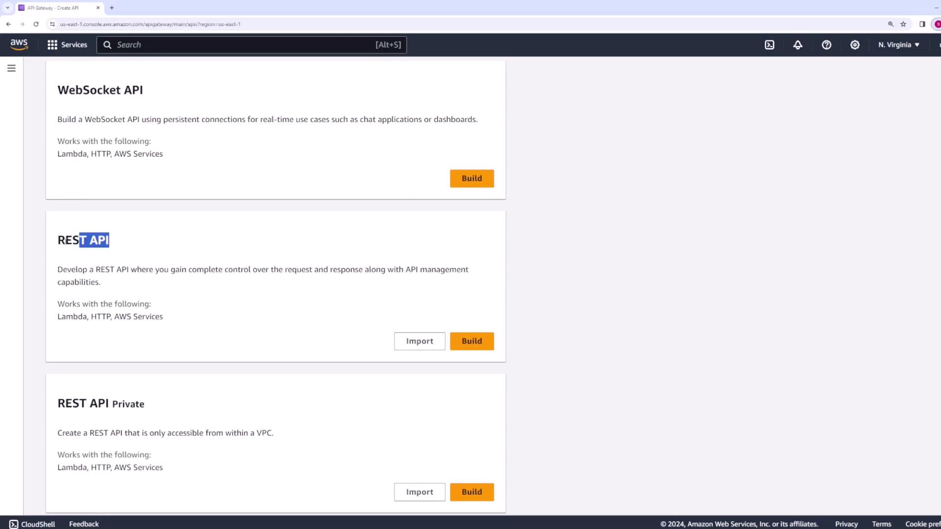 The image shows the AWS API Gateway console with options to build WebSocket, REST, and REST API Private, each with descriptions and "Build" buttons.