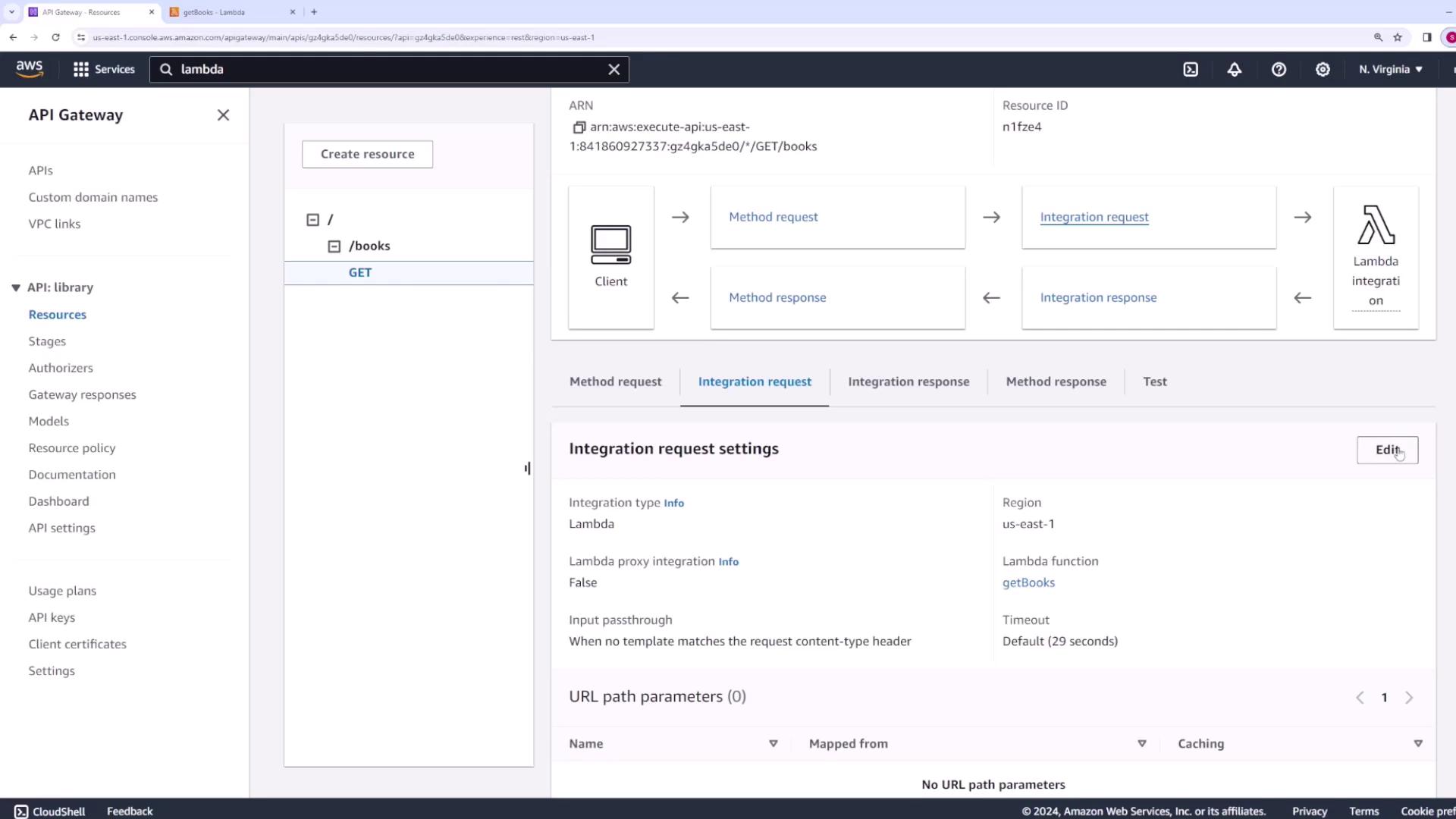 The image shows the AWS API Gateway console with a GET method for a "/books" resource, integrated with a Lambda function named "getBooks." Integration request settings are displayed on the right.