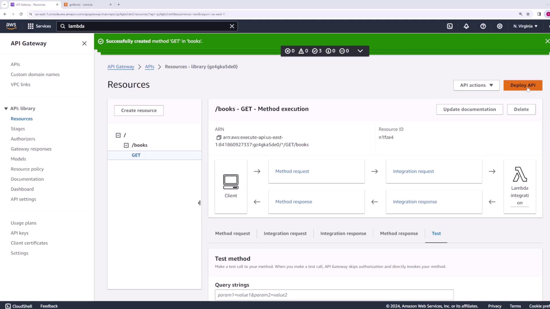 The image shows an AWS API Gateway interface where a GET method has been successfully created for a resource named "books." It includes options for method execution, integration, and deployment.