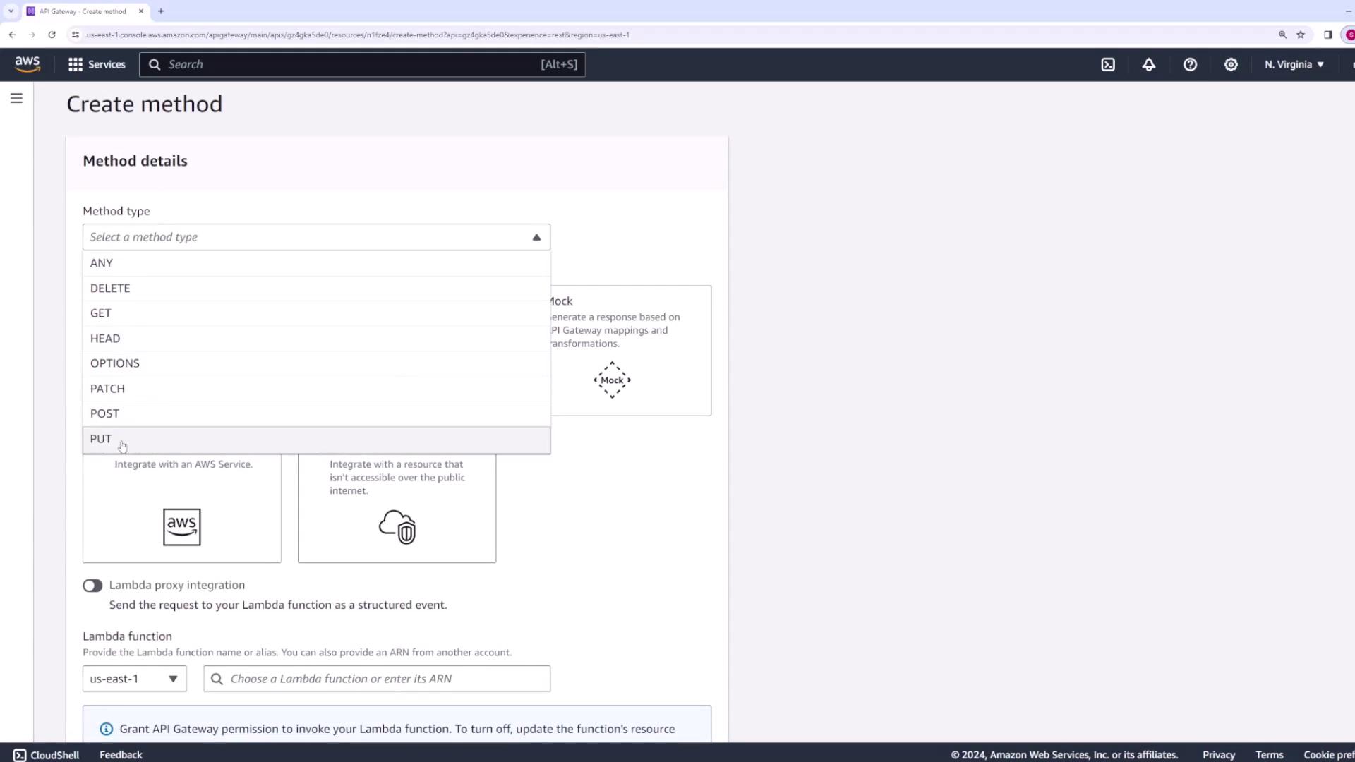 The image shows the AWS API Gateway interface for creating a method, with a dropdown menu displaying HTTP method options like GET, POST, and PUT.