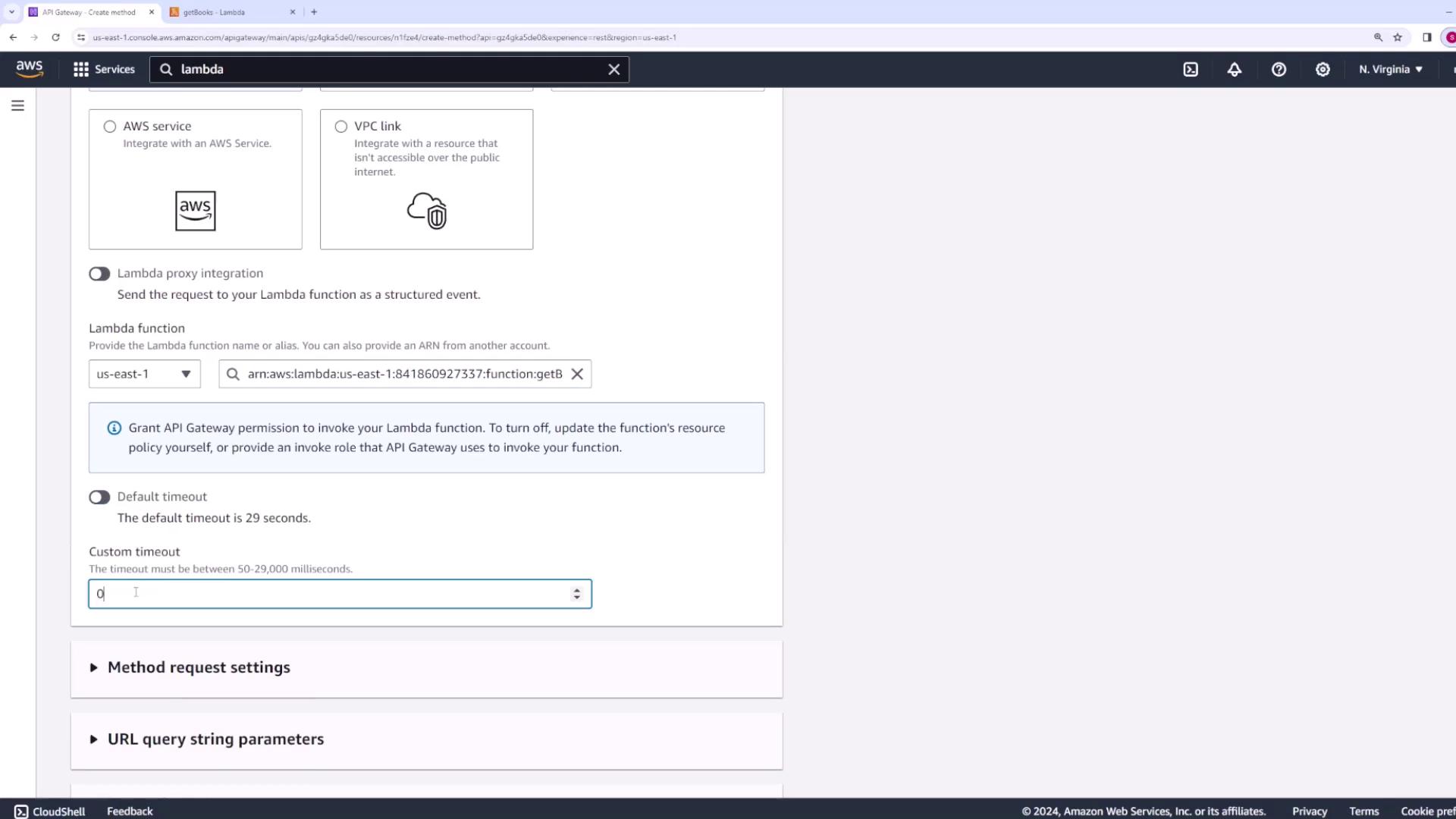 The image shows the AWS API Gateway interface where a Lambda function is being configured, with options for integration type and timeout settings.