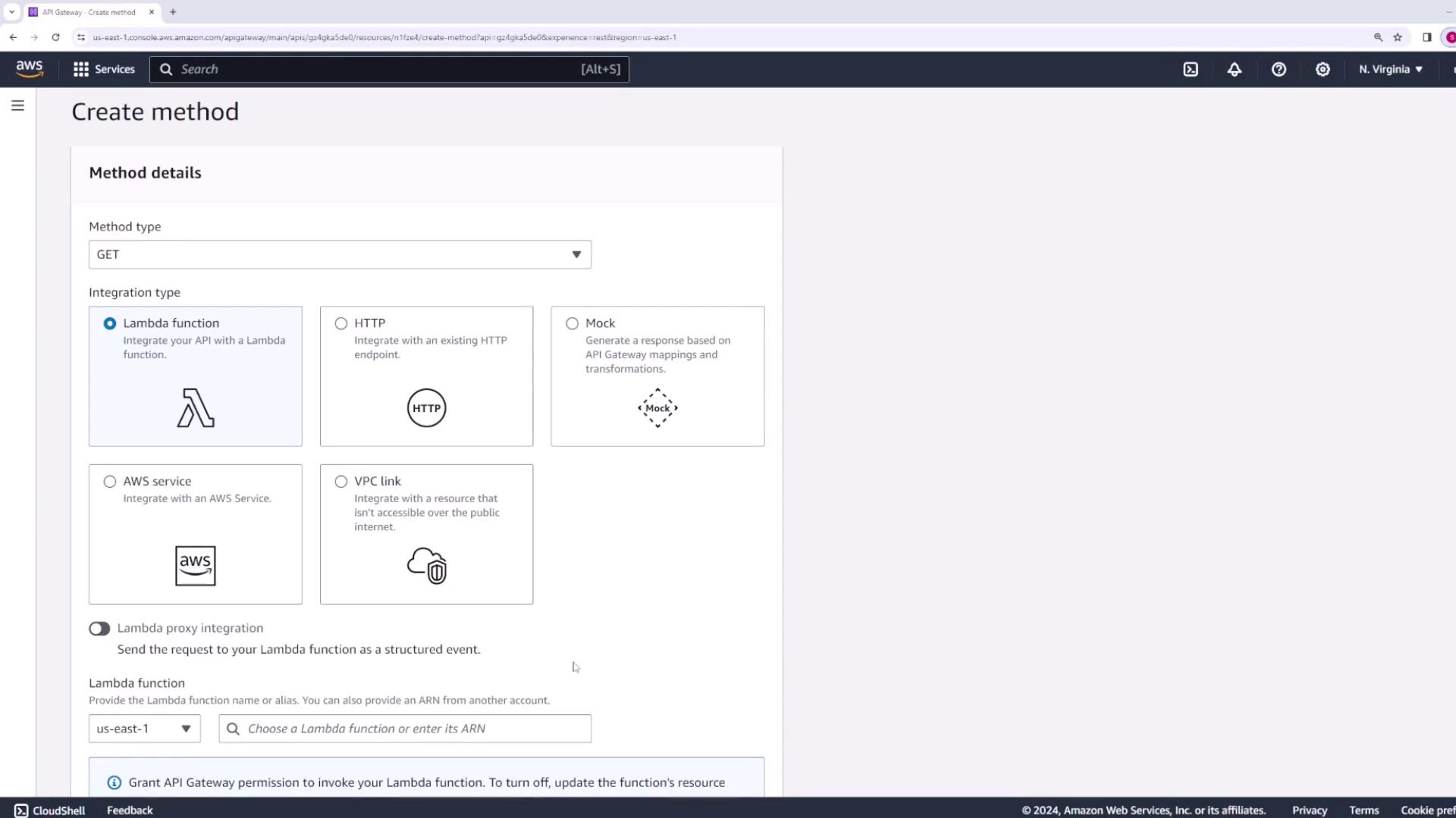 The image shows the AWS API Gateway interface for creating a method, with options for selecting the method type and integration type, such as Lambda function, HTTP, Mock, AWS service, and VPC link.