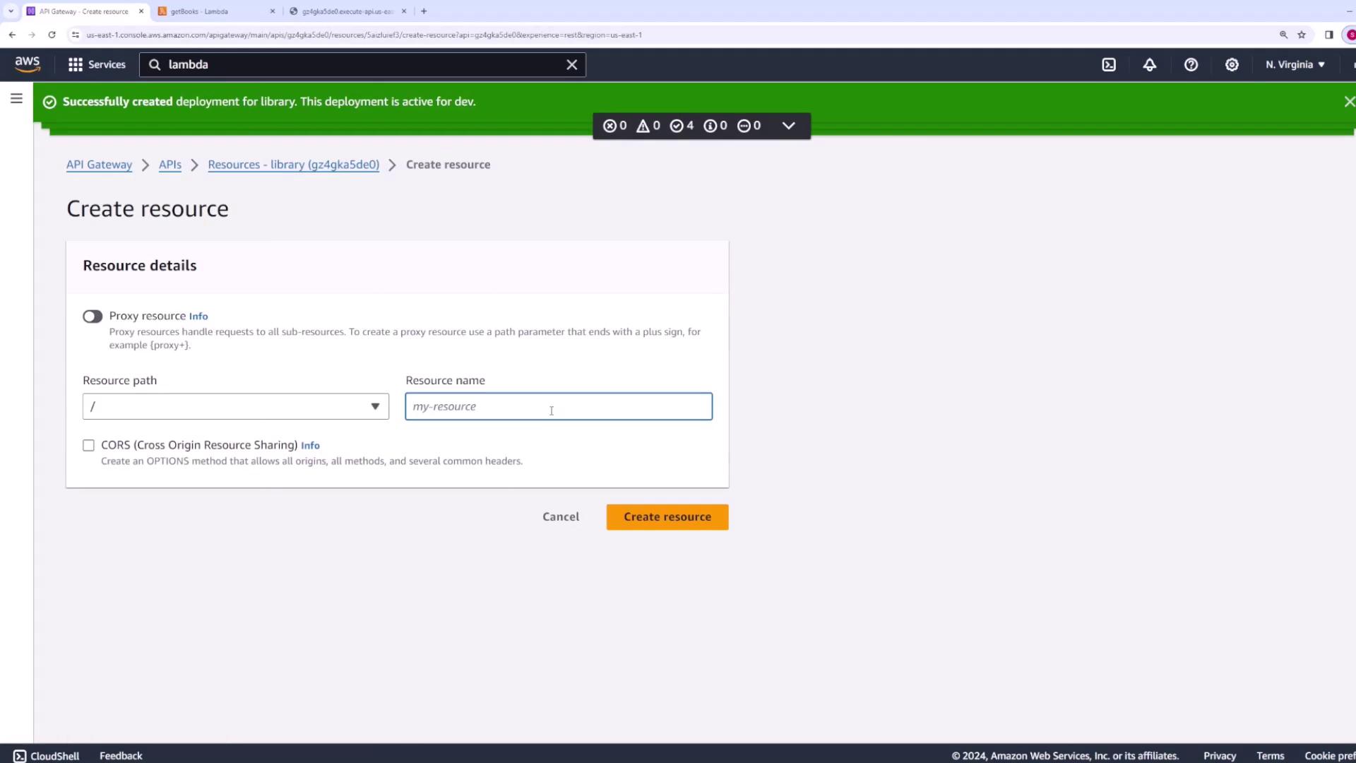 The image shows the AWS API Gateway interface for creating a new resource, with fields for resource path and resource name. A green notification bar indicates a successful deployment.