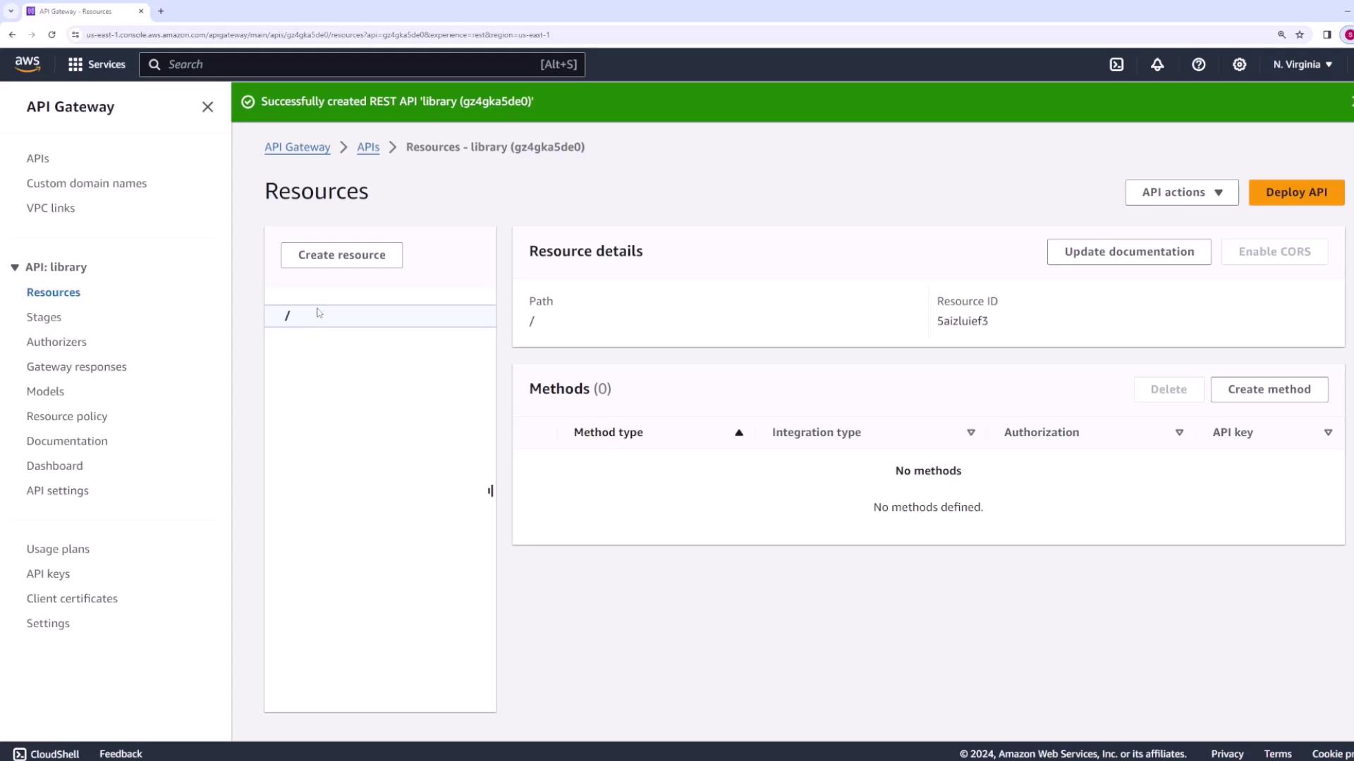 The image shows the AWS API Gateway console, displaying a newly created REST API with no methods defined yet. The interface includes options to create resources and methods.