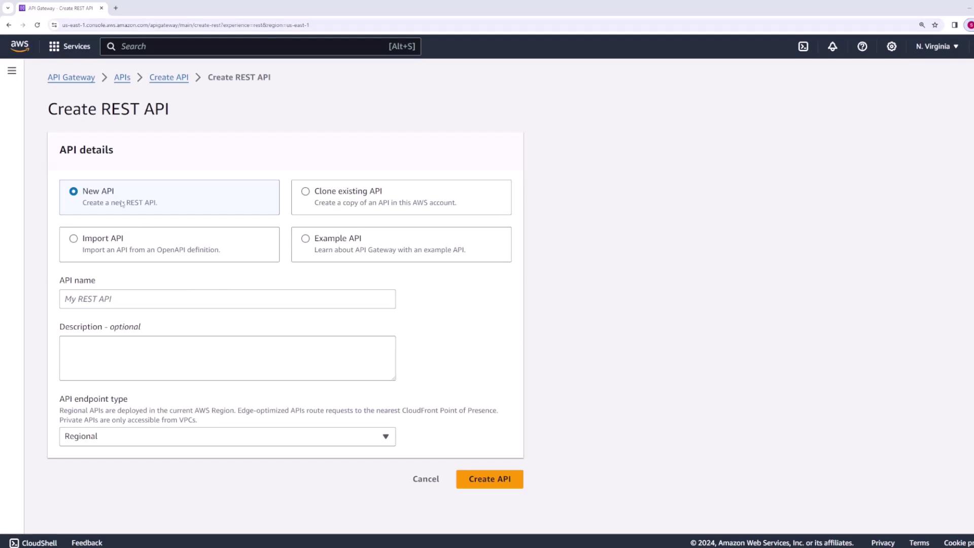 The image shows the AWS API Gateway interface for creating a REST API, with options to create a new API, clone an existing API, import an API, or use an example API. There are fields for entering the API name, description, and selecting the API endpoint type.