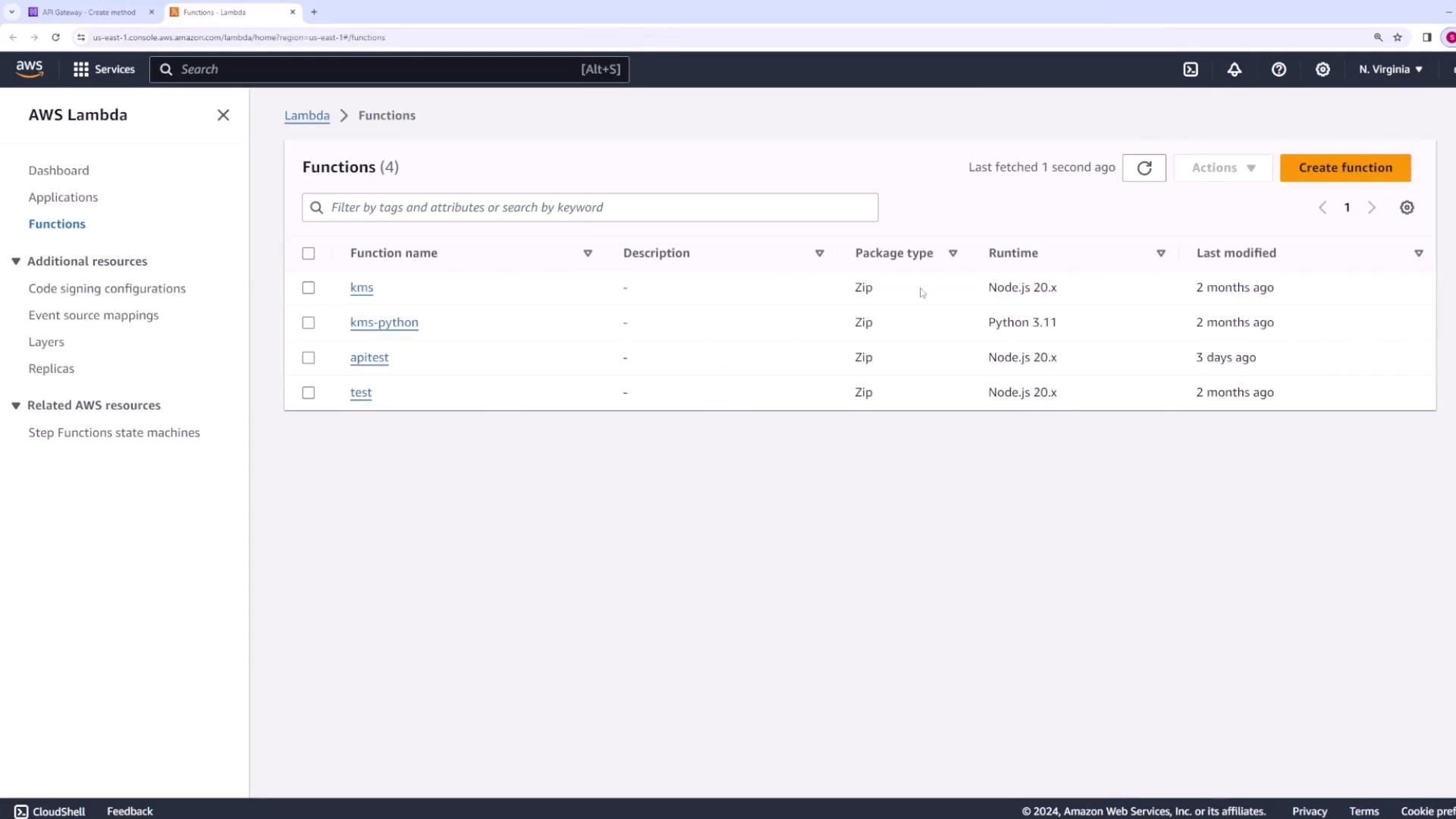 The image shows the AWS Lambda console with a list of four functions, including their names, package types, runtimes, and last modified dates. The interface includes options for creating a new function and accessing additional resources.