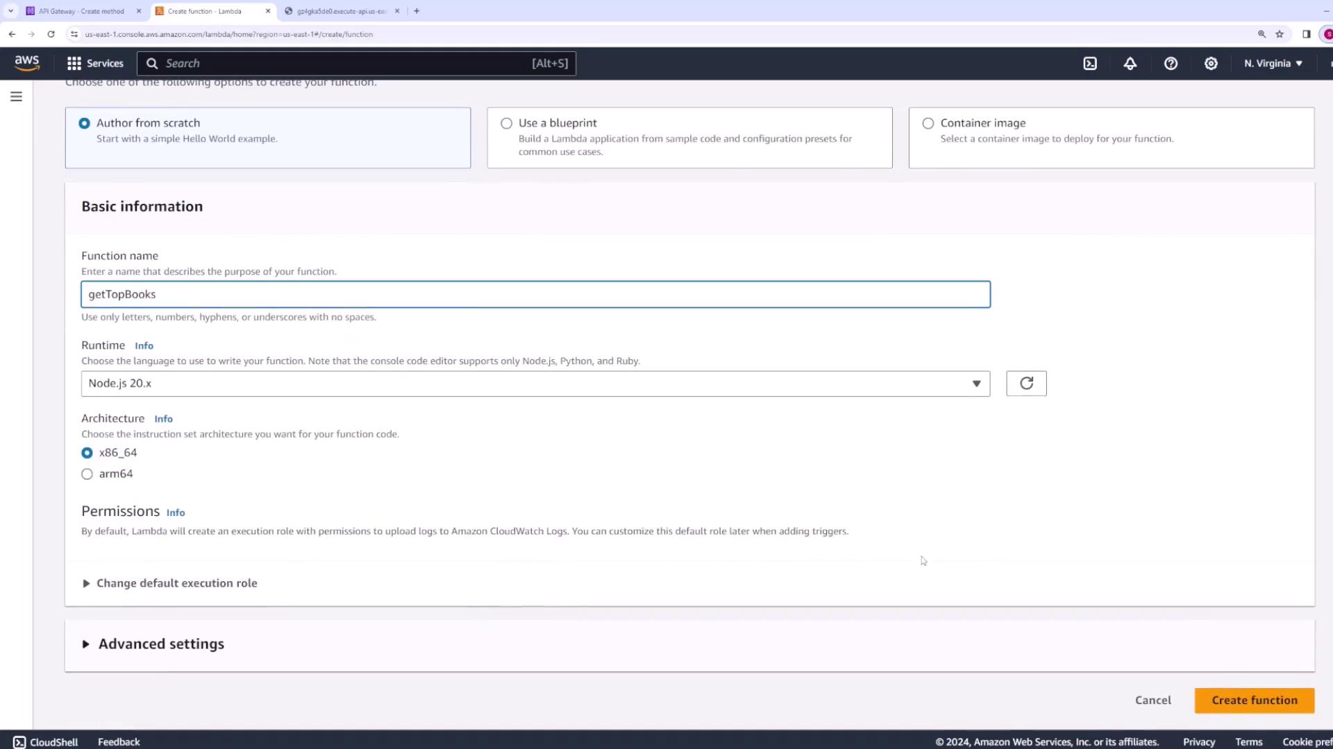 The image shows the AWS Lambda console where a new function named "getTopBooks" is being created with Node.js 20.x as the runtime and x86_64 architecture selected.