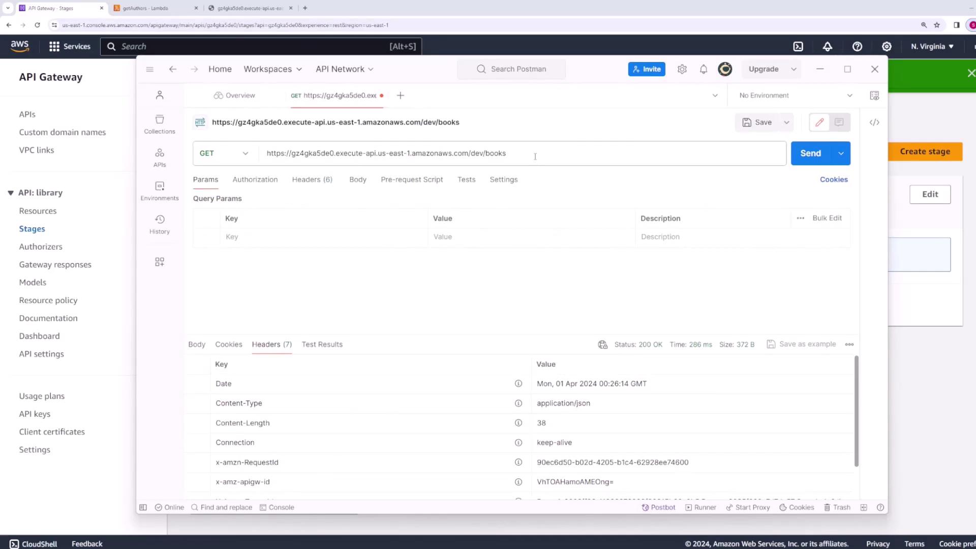 The image shows a screenshot of an API request being made in Postman, with details of the request and response headers visible. The background displays the AWS API Gateway console.