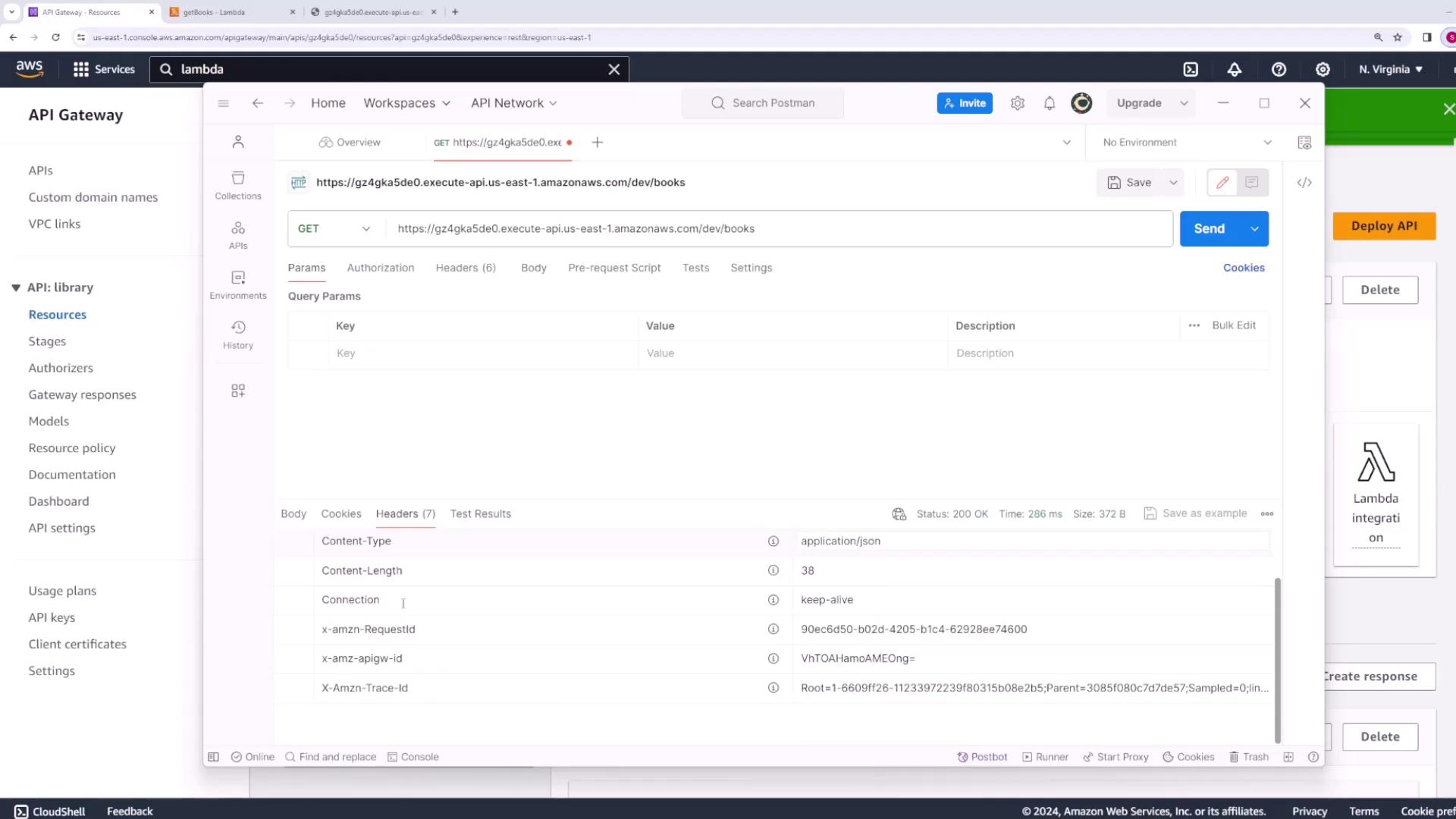 The image shows a screenshot of an API request being made in Postman, with details of the request and response headers visible. It also includes an AWS API Gateway interface in the background.