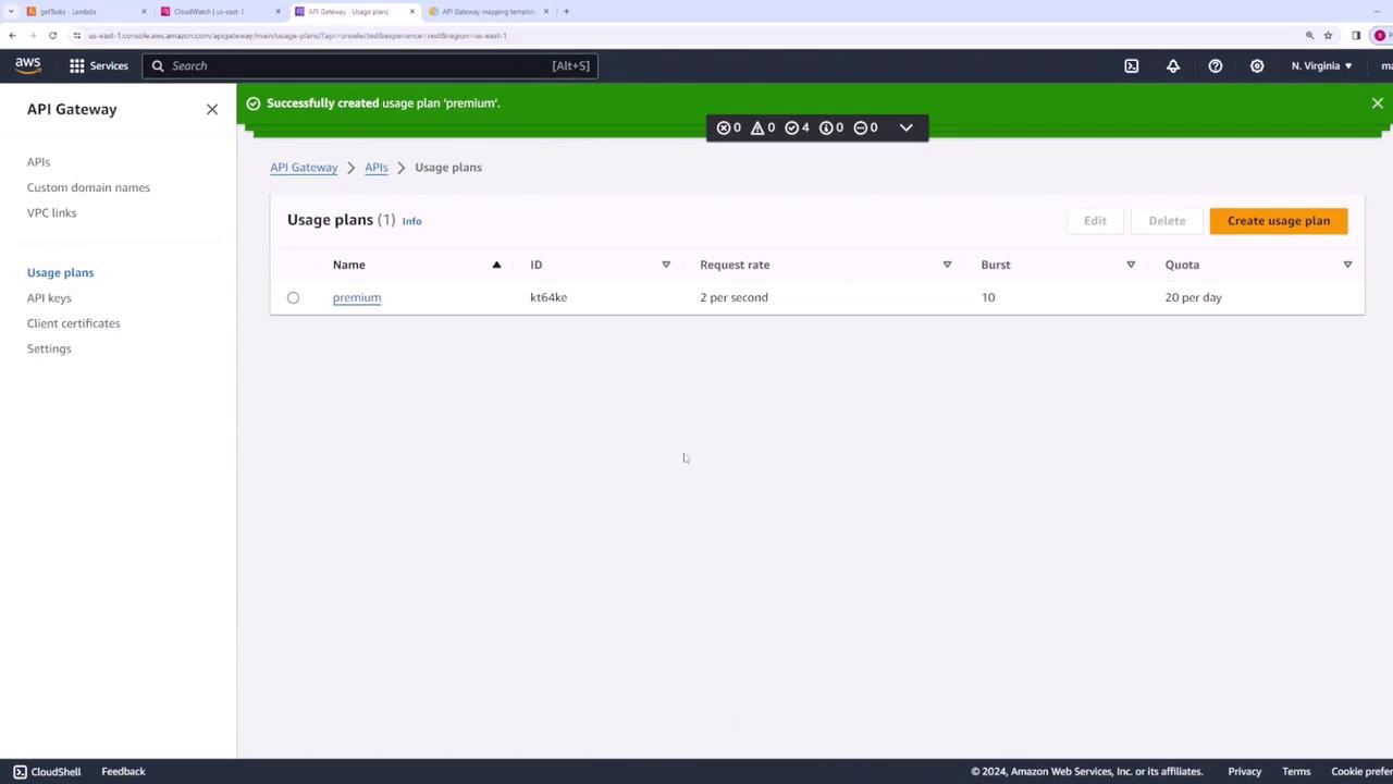 The image shows an AWS API Gateway interface with a "premium" usage plan created, displaying details like request rate, burst, and quota. The interface includes options for managing APIs, custom domain names, and VPC links.