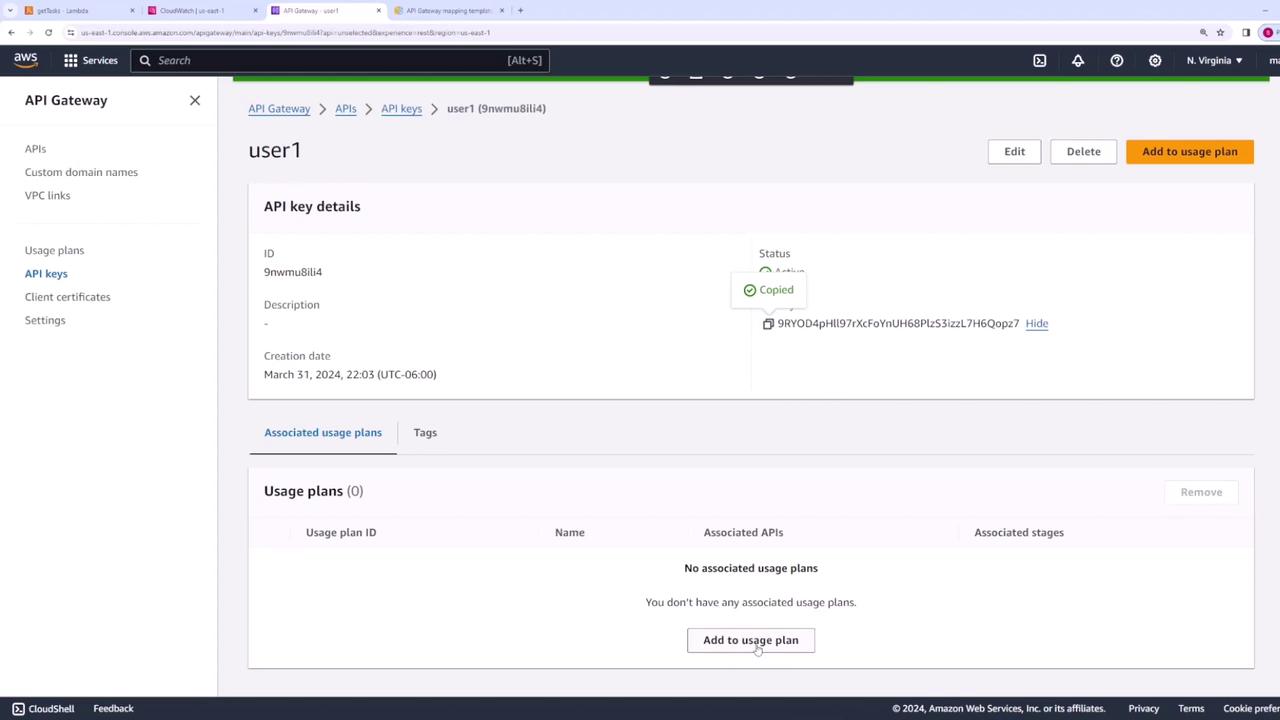 The image shows an AWS API Gateway interface displaying details of an API key named "user1," including its ID, status, and creation date, with options to edit, delete, or add to a usage plan.