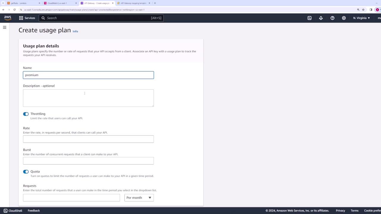 The image shows an AWS interface for creating a usage plan, with fields for name, description, throttling, rate, burst, and quota settings.