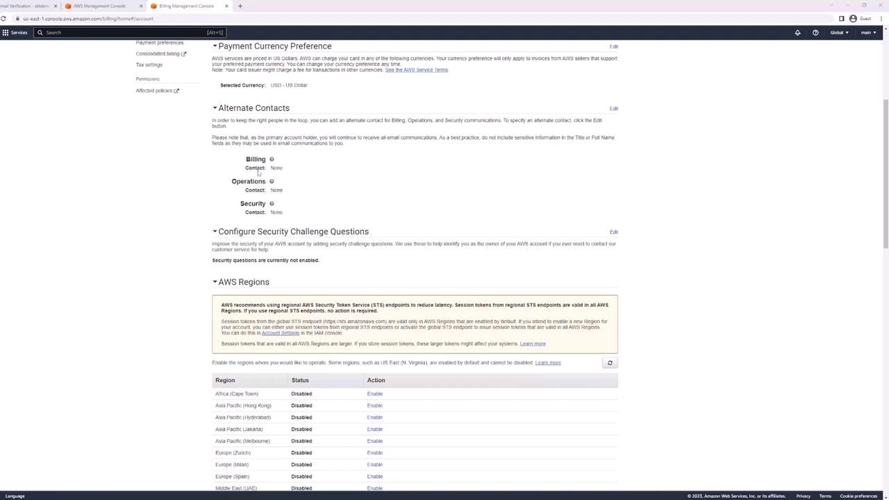 The image shows a screenshot of the AWS Management Console, specifically the Billing Management section, displaying options for payment currency preference, alternate contacts, security challenge questions, and AWS regions.