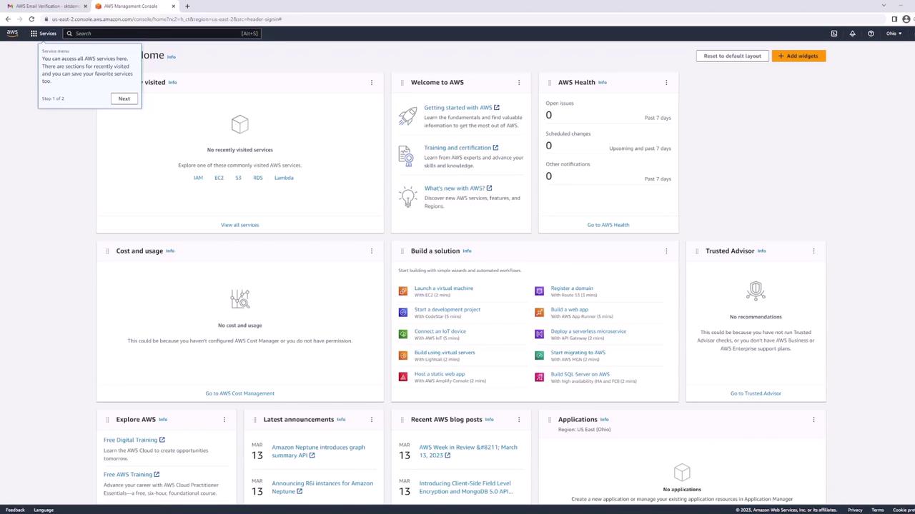 The image shows the AWS Management Console dashboard, displaying various sections like recently visited services, AWS Health, cost and usage, and options to build solutions.
