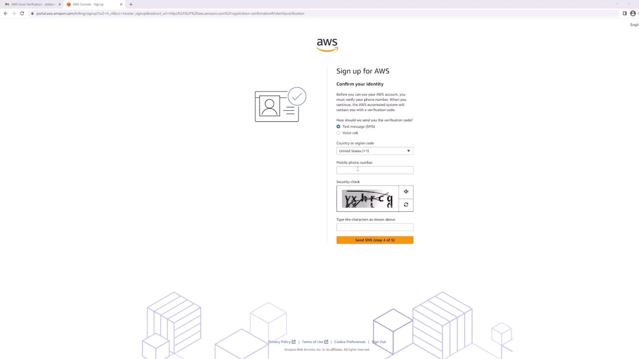The image shows an AWS signup page for identity verification, requiring a phone number and a CAPTCHA security check.