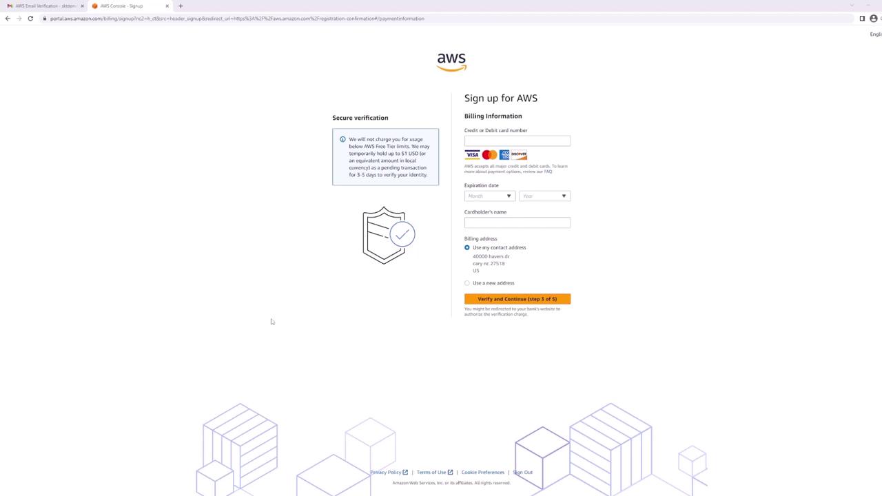 The image shows an AWS signup page where users can enter billing information, including credit card details, to verify their identity. There is a section for secure verification and a button to proceed with the signup process.