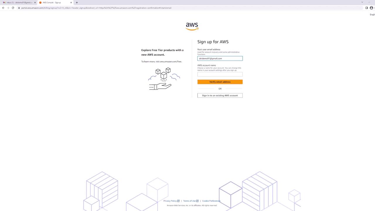 The image shows an AWS signup page where users can enter their email address to create a new account or sign in to an existing one. It also highlights the option to explore free tier products.