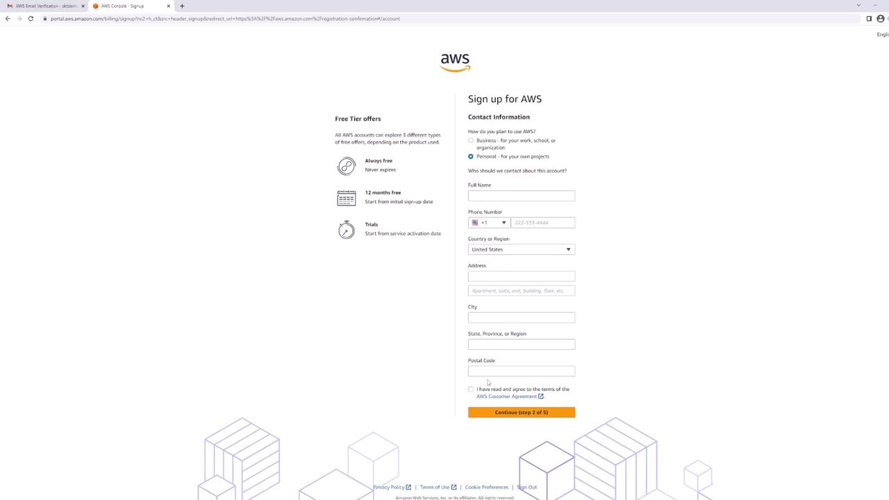 The image shows an AWS signup page with a form for entering contact information and details about free tier offers.