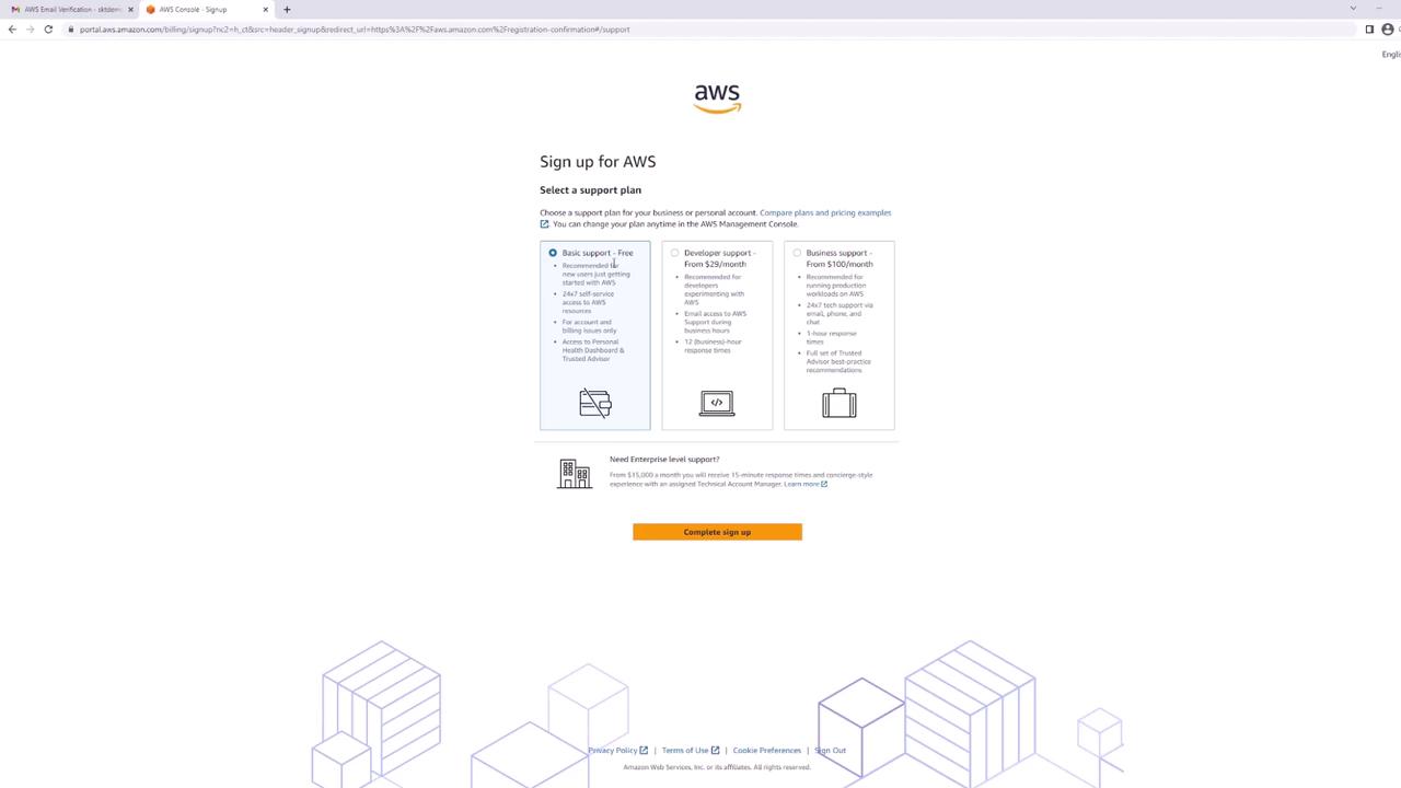 The image shows an AWS signup page where users can select a support plan, with options for Basic, Developer, and Business support. There is a "Complete sign up" button at the bottom.