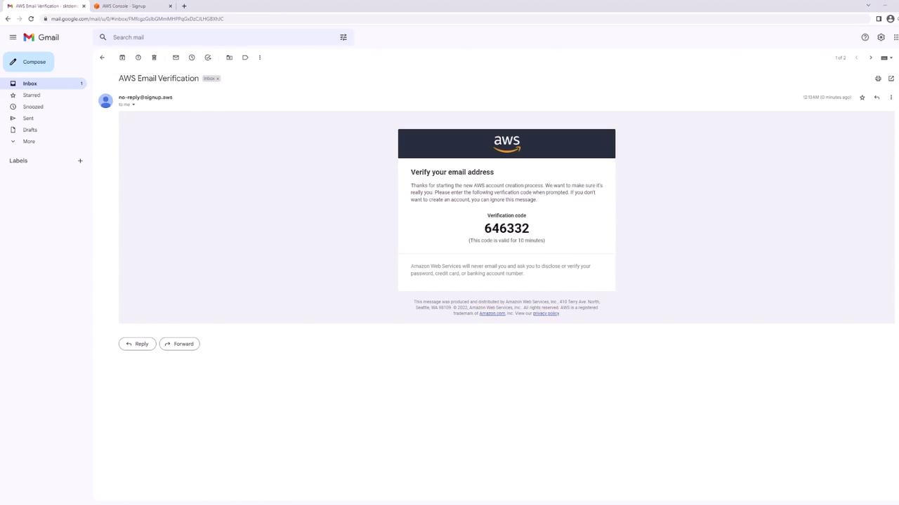 The image shows a Gmail inbox with an email from AWS for email verification, containing a verification code.