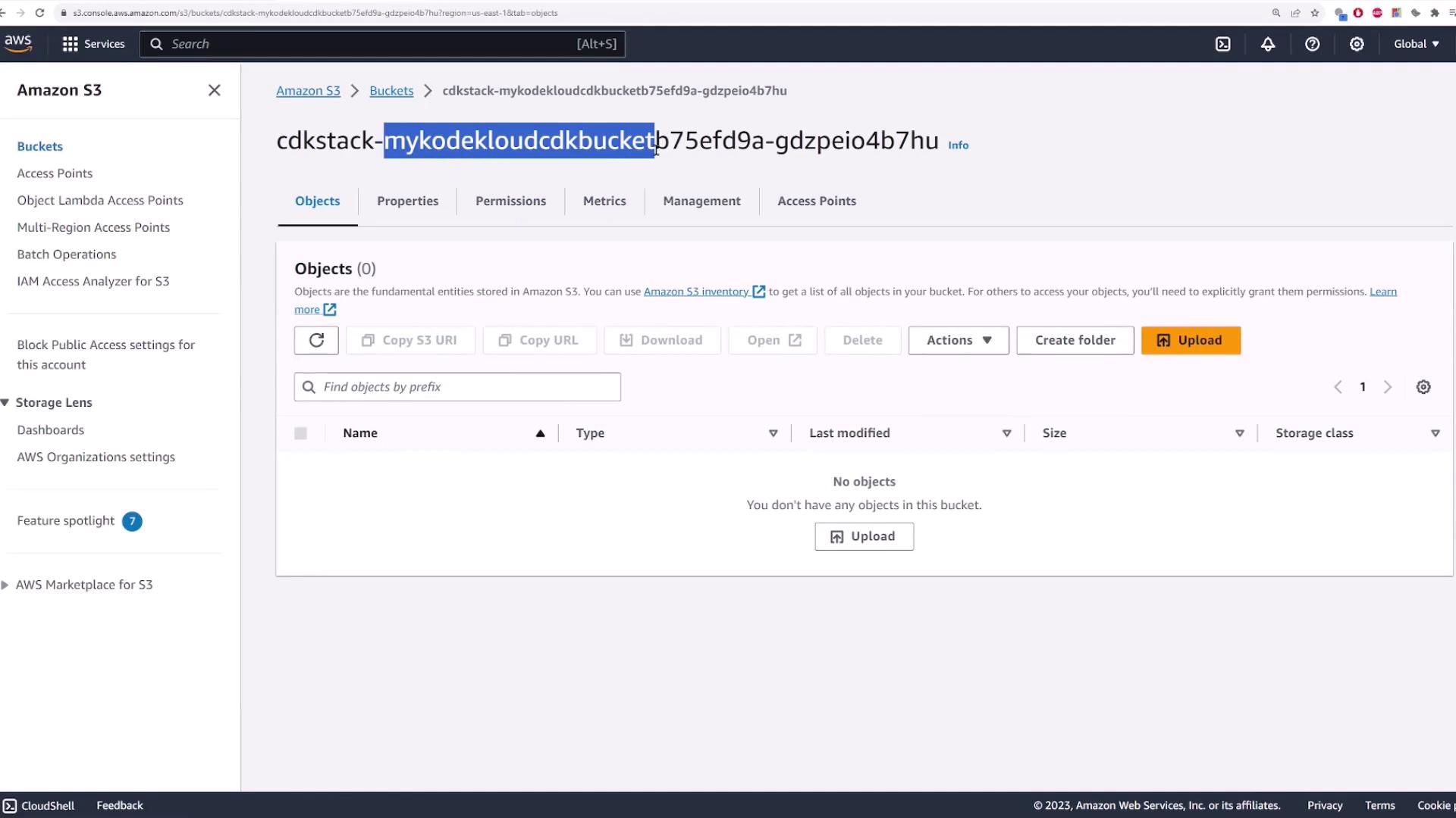 The image shows an Amazon S3 bucket interface with no objects listed, and options to upload or manage files.