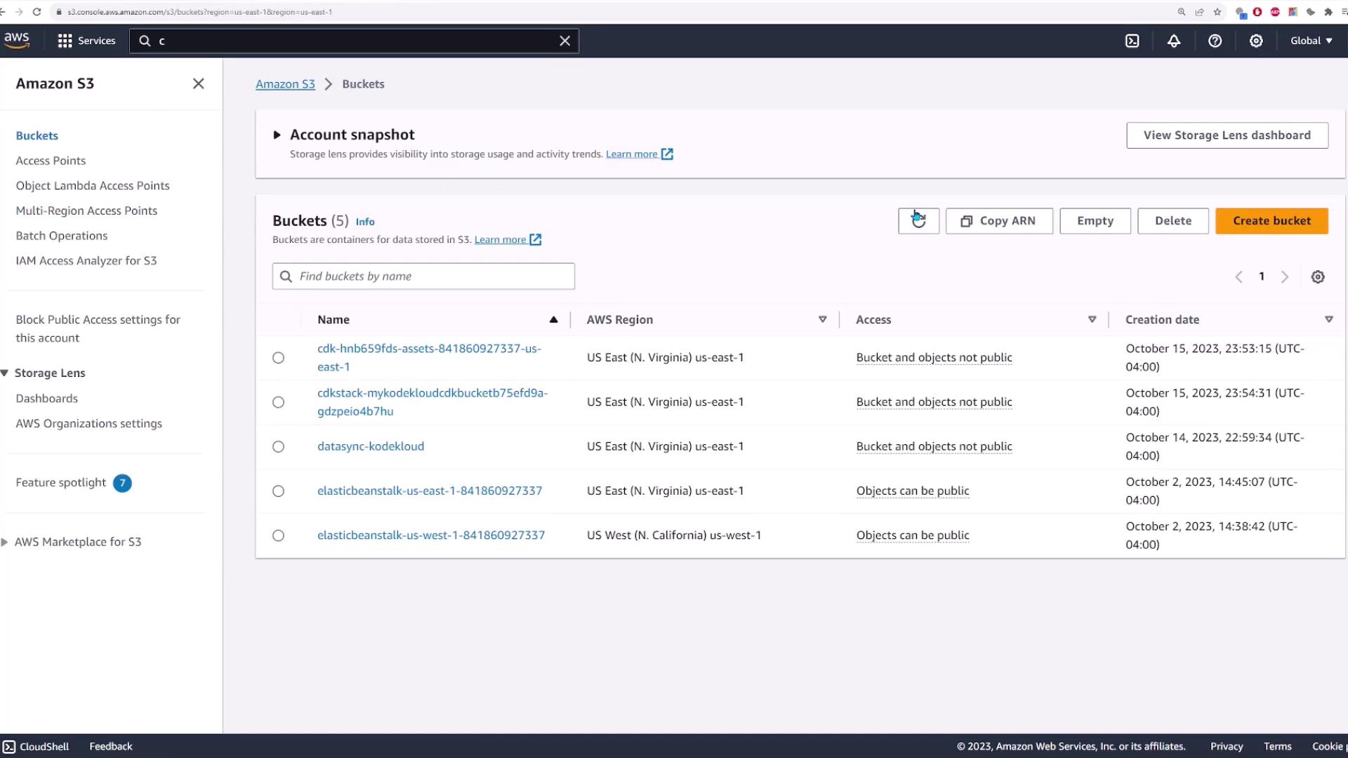 The image shows an Amazon S3 dashboard with a list of buckets, their regions, access settings, and creation dates.