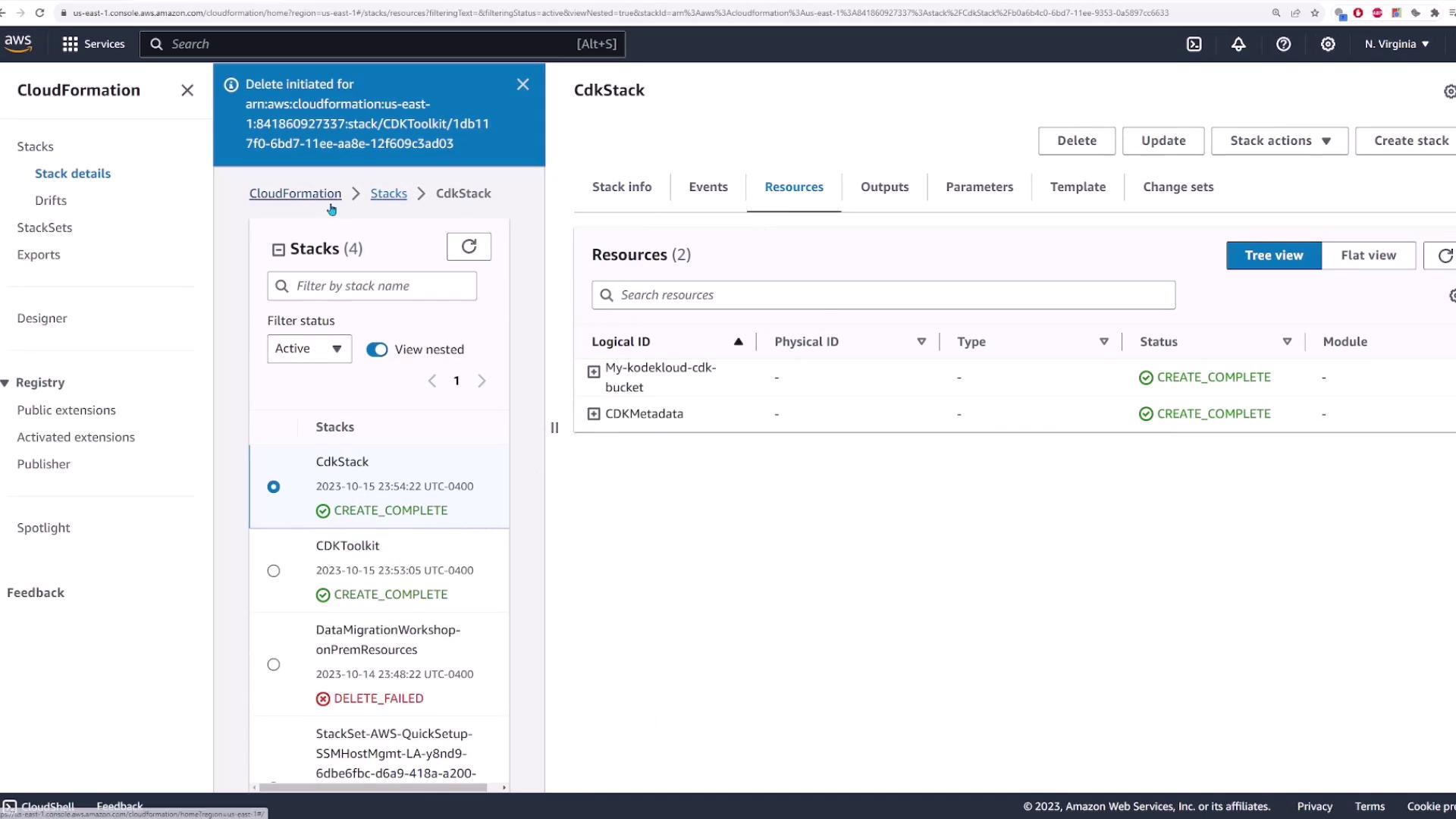 The image shows an AWS CloudFormation console with a stack named "CdkStack" that has completed creation. It lists resources like "My-kodekloud-cdk-bucket" and "CDKMetadata" with a status of "CREATE_COMPLETE."