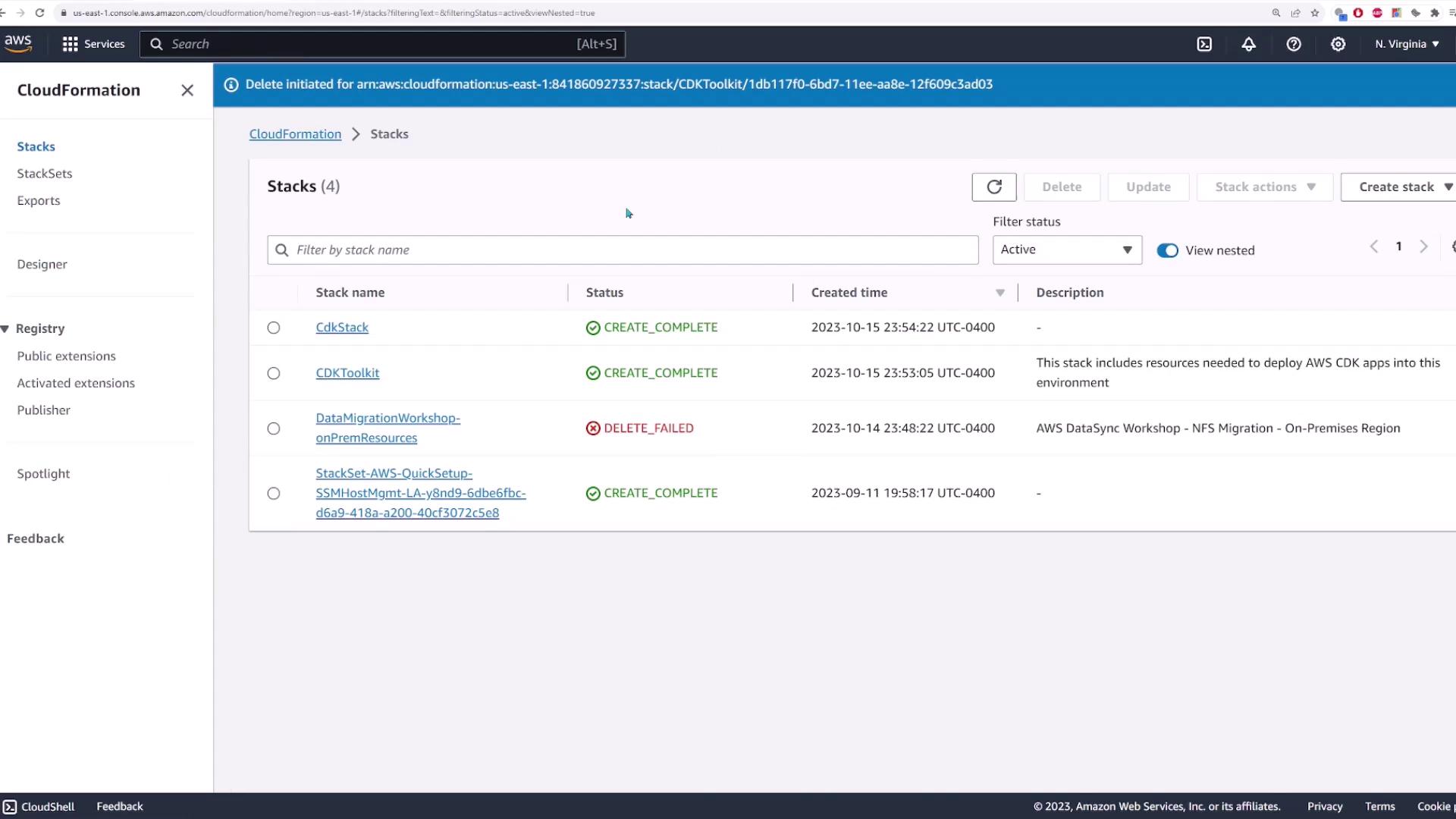 The image shows an AWS CloudFormation console with a list of stacks, their statuses, and creation times. One stack has a "DELETE_FAILED" status, while others are marked "CREATE_COMPLETE."