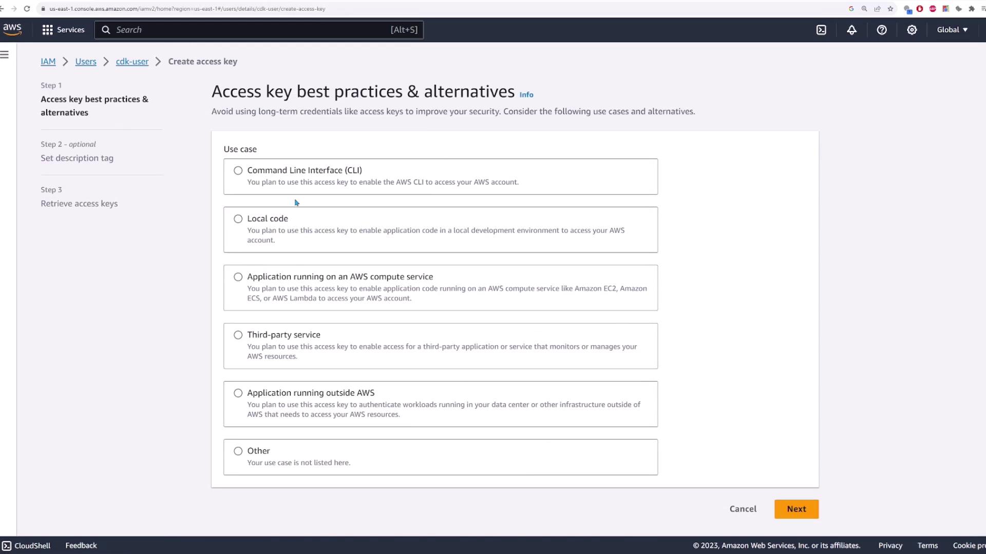 The image shows an AWS console screen for creating an access key, with options for different use cases like CLI, local code, and third-party services.