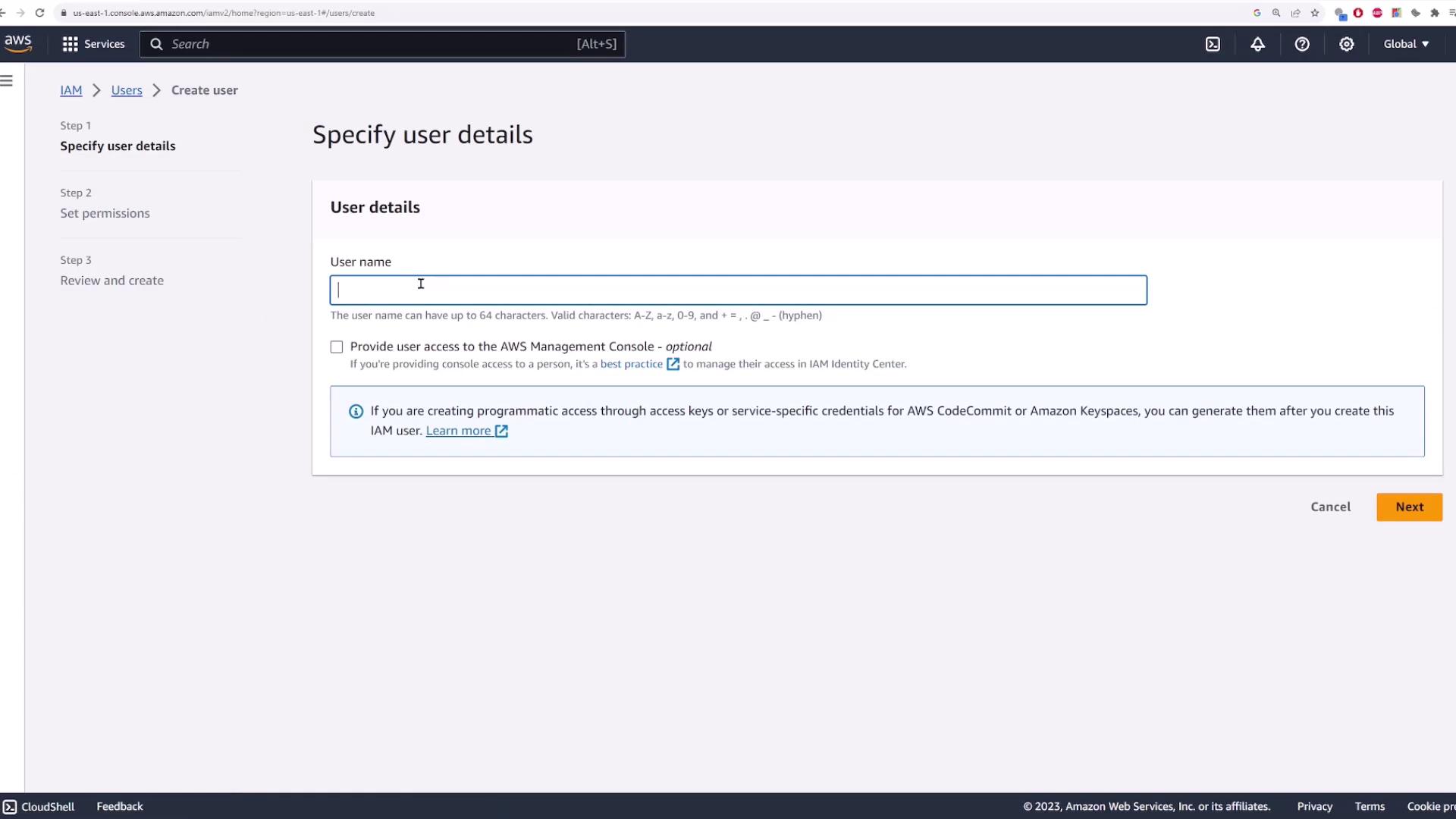 The image shows the AWS IAM console where a user is specifying details to create a new user, including a field for the username and options for providing access to the AWS Management Console.