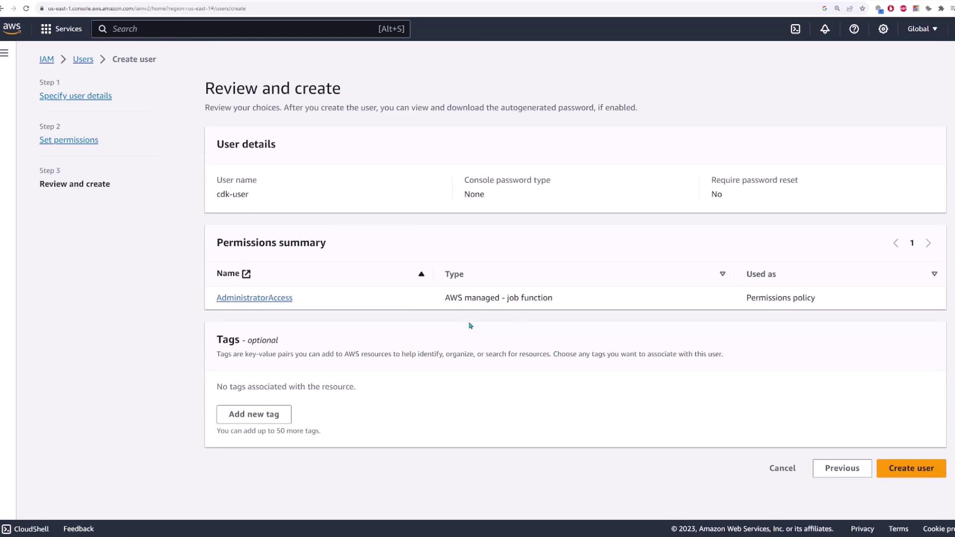 The image shows an AWS IAM console screen for creating a user, with details like user name, permissions summary, and an option to add tags. The "Create user" button is visible at the bottom.