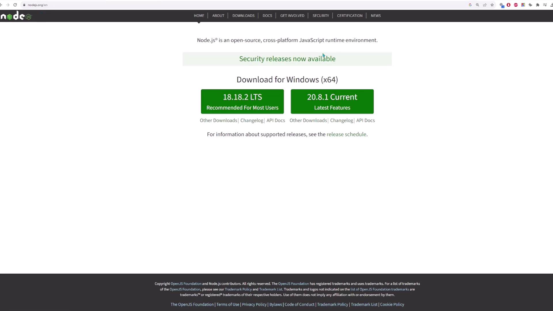 The image shows the Node.js download page, offering options to download the LTS and Current versions for Windows (x64). It also mentions available security releases.