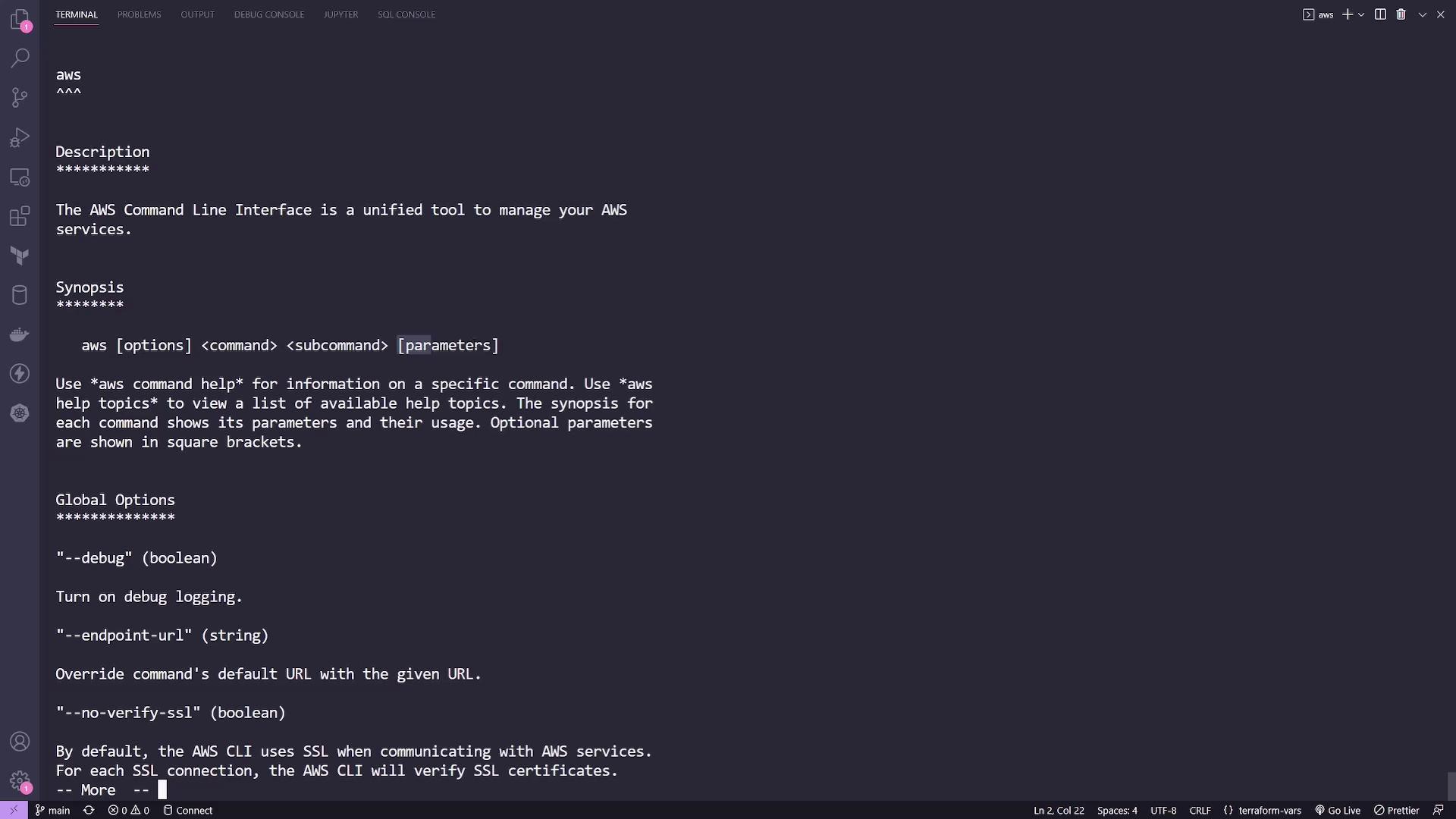 The image shows a terminal window displaying information about the AWS Command Line Interface, including a description, synopsis, and global options.
