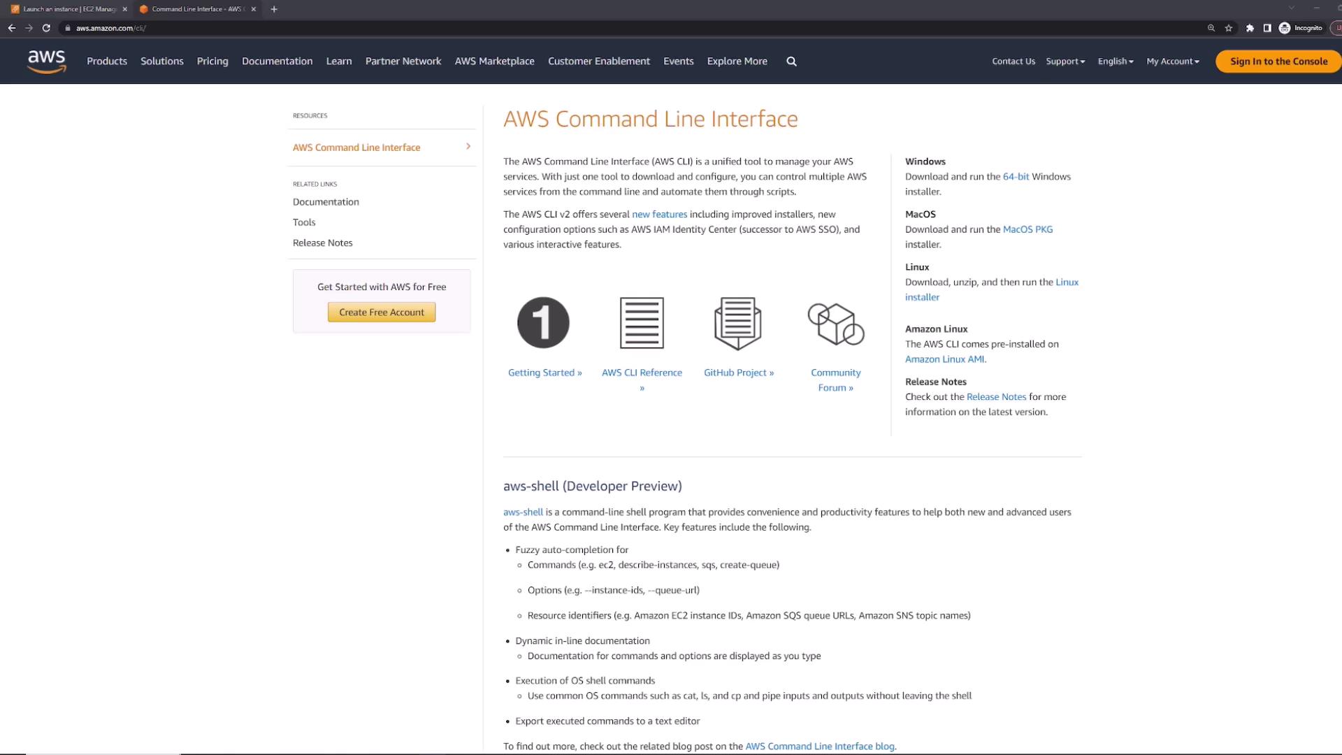 The image shows a webpage for the AWS Command Line Interface, detailing features, installation instructions for different operating systems, and related resources. It includes links for getting started, documentation, and community forums.