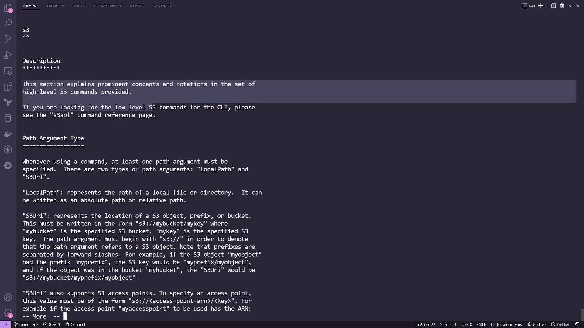 The image shows a terminal window with text explaining concepts and notations for high-level S3 commands, including path argument types like "LocalPath" and "S3Uri."