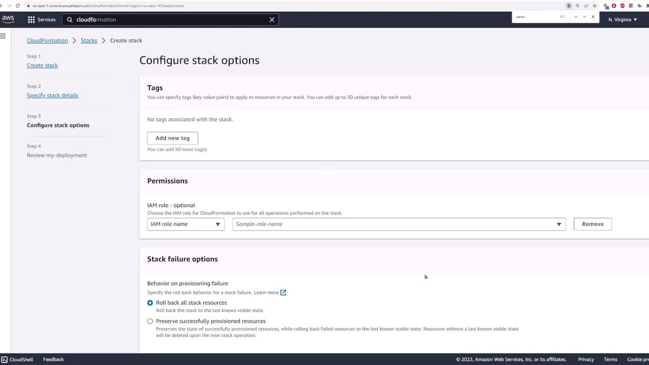 The image shows the AWS CloudFormation console, specifically the "Configure stack options" page, where users can add tags, set permissions, and choose stack failure options.