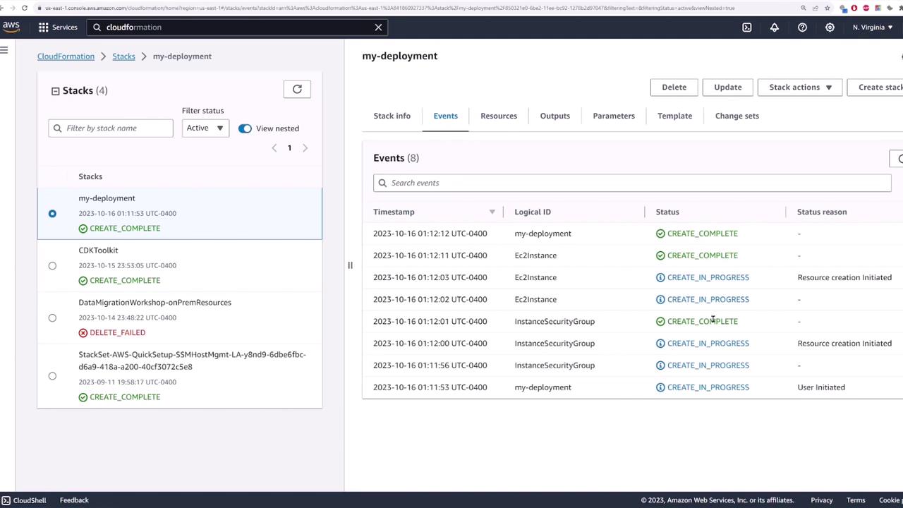 The image shows an AWS CloudFormation console with a list of stack events for "my-deployment," indicating various statuses like "CREATE_COMPLETE" and "CREATE_IN_PROGRESS."
