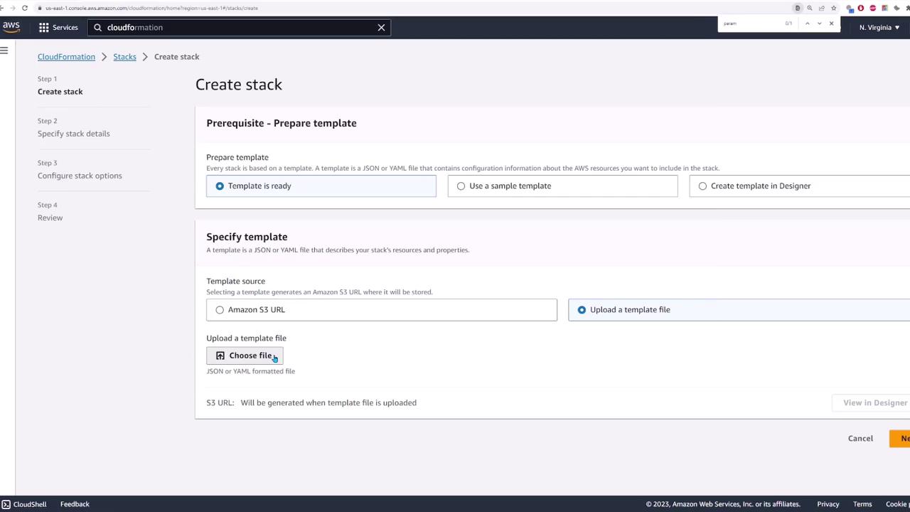 The image shows the AWS CloudFormation interface for creating a stack, where users can prepare and specify a template by uploading a file or using an Amazon S3 URL.