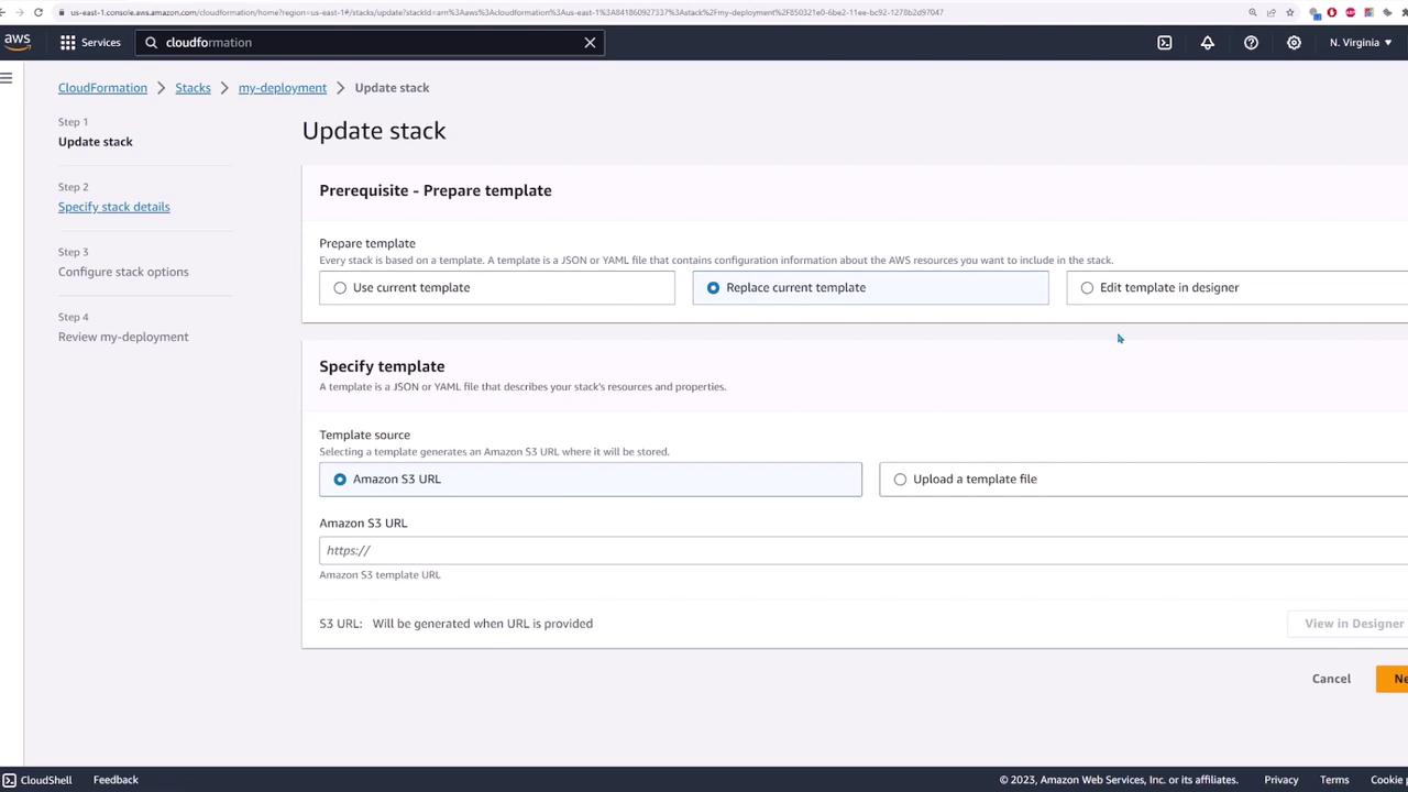 The image shows an AWS CloudFormation interface for updating a stack, with options to prepare and specify a template using an Amazon S3 URL or by uploading a file.