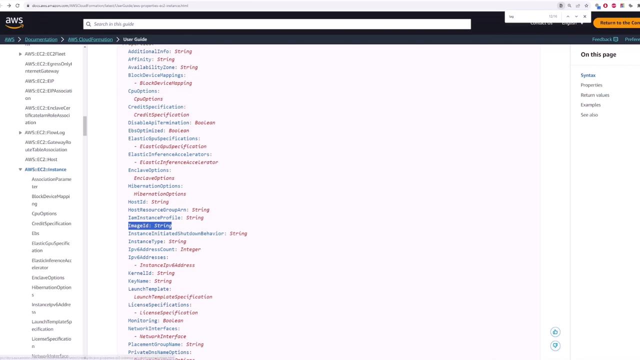 The image shows a webpage from the AWS documentation, specifically detailing the properties and syntax for an EC2 instance. The page includes a list of attributes such as `ImageId`, `InstanceType`, and `KeyName`.